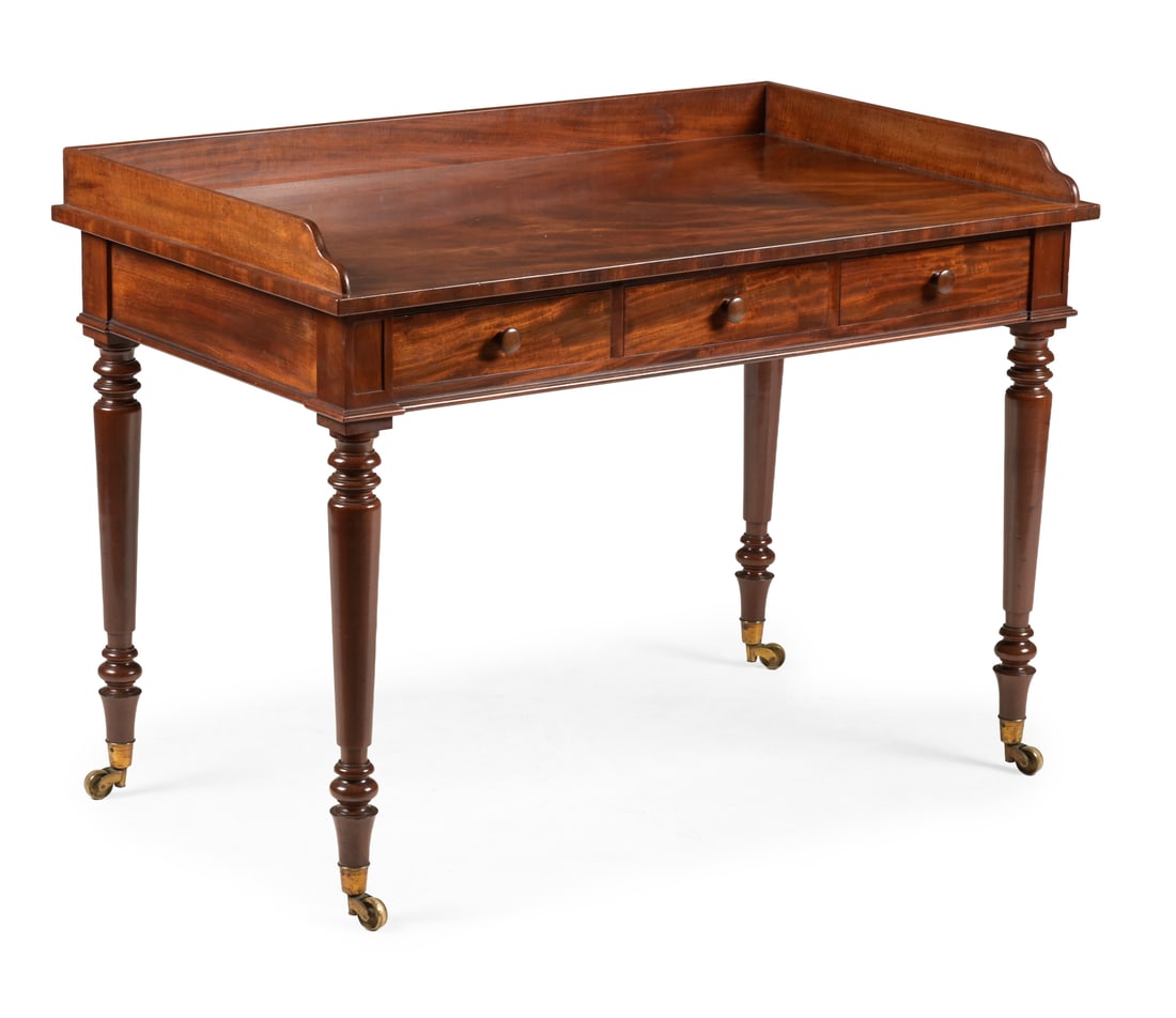 Y A GEORGE IV MAHOGANY DRESSING OR SIDE TABLE, ATTRIBUTED TO GILLOWS, CIRCA 1825: Y A GEORGE IV MAHOGANY DRESSING OR SIDE TABLEATTRIBUTED TO GILLOWS, CIRCA 1825With turned rosewood handles84cm high, 114.5 cm wide, 66cm deep ϒ Indicates that this lot may be subject to CITES reg