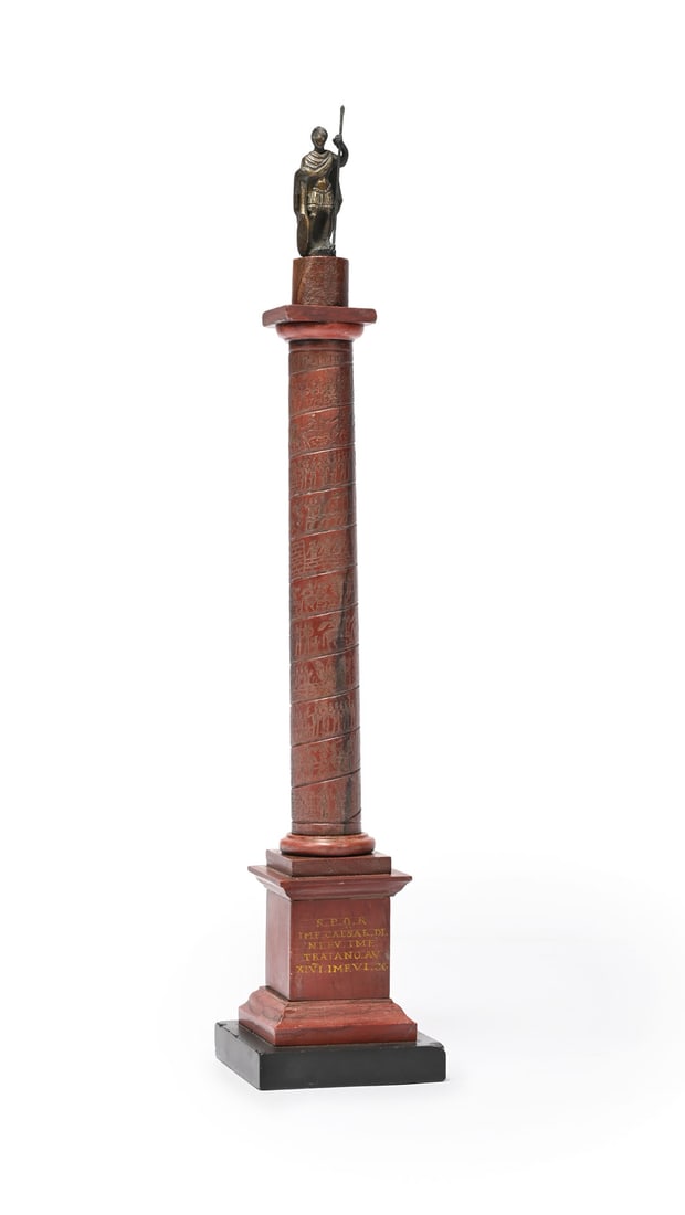 A GRAND TOUR ROSSO ANTICO MARBLE MODEL OF TRAJAN'S COLUMN, ITALIAN, 19TH CENTURY: A GRAND TOUR ROSSO ANTICO MARBLE MODEL OF TRAJAN'S COLUMN ITALIAN, 19TH CENTURY The bronze figure above a carved column with an inscribed base 39.5cm high, the base 7cm square