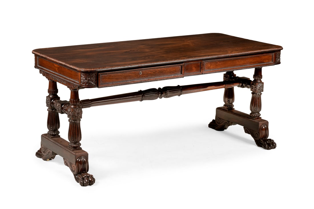 Y A GEORGE IV CARVED ROSEWOOD LIBRARY TABLE, IN THE MANNER OF GILLOWS, CIRCA 1825 (1 of 4)