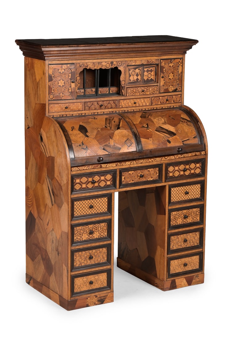 Y A JAPANESE HAKONE YOSEGI SPECIMEN PARQUETRY DECORATED CYLINDER BUREAU, MEIJI PERIOD, CIRCA 1890: Y A JAPANESE HAKONE YOSEGI SPECIMEN PARQUETRY DECORATED CYLINDER BUREAUMEIJI PERIOD, CIRCA 1890The timbers including Japanese elm, maple, oak, pale-moon ebony136cm high, 98cm wide, 49cm deep ϒ In