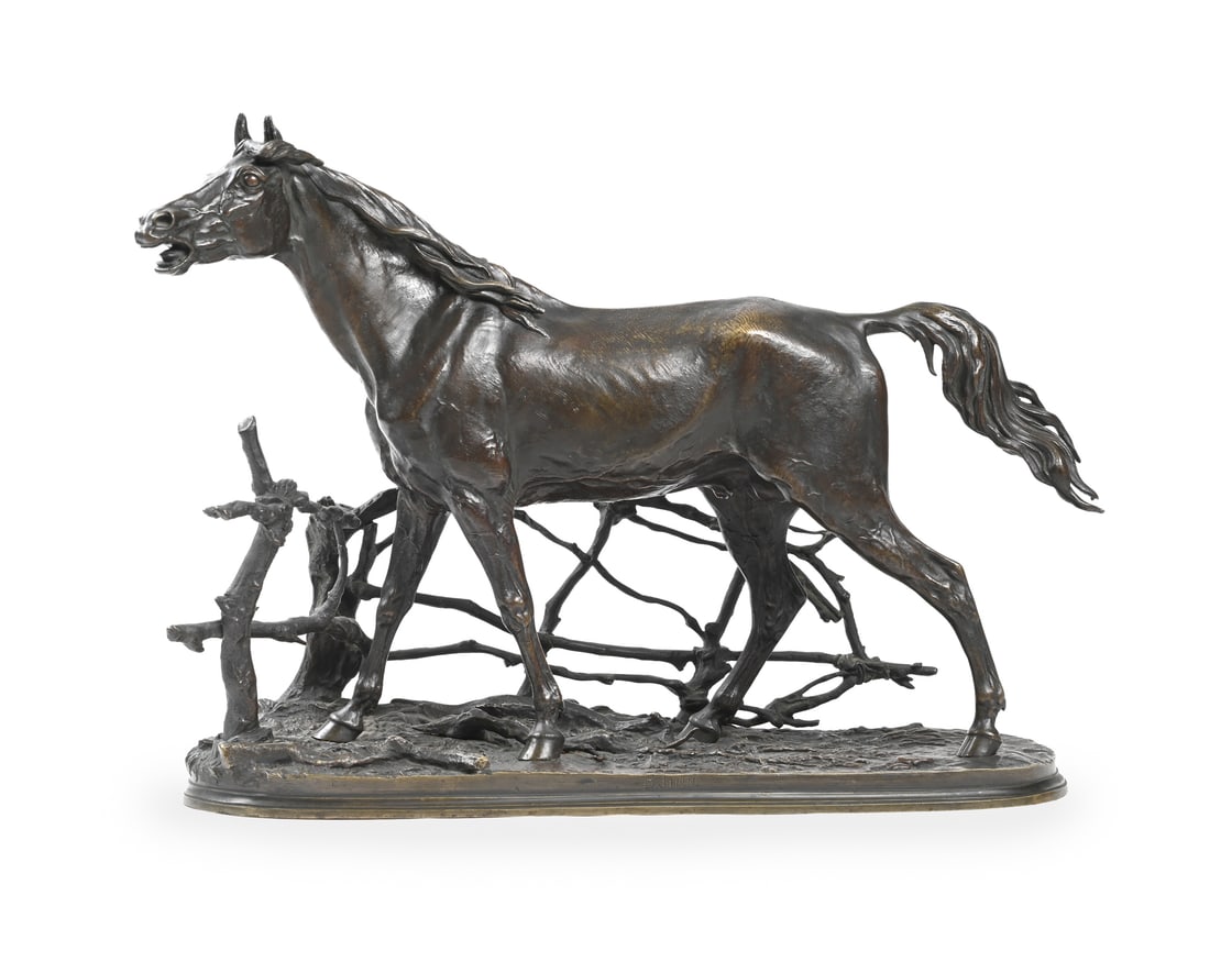 PIERRE JULES MÊNE (1810-1879), A BRONZE ANIMALIER OF A STALLION 'CHEVAL A LA BARRIERE N°1 (1 of 3)