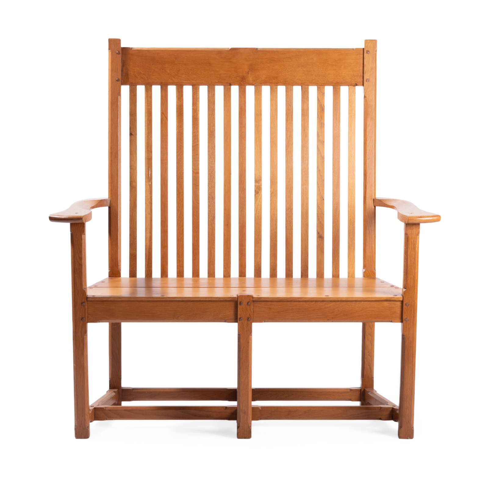 AN ASH TWO SEAT WINDSOR SETTLE IN ARTS & CRAFTS STYLE, MODERN - 2