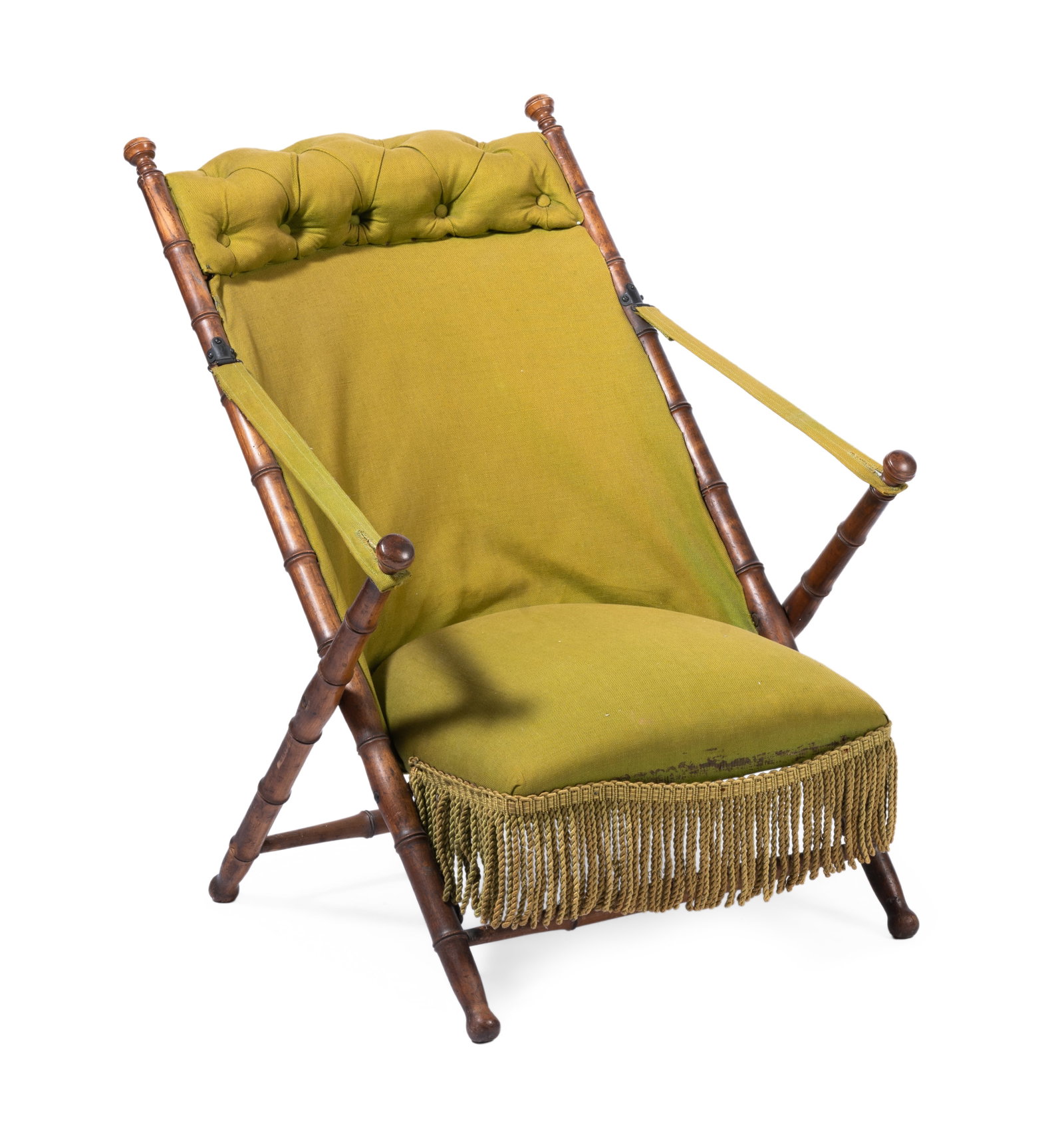 A SIMULATED BAMBOO FOLDING OR CAMPAIGN CHAIR, FRENCH, 19TH CENTURY: A SIMULATED BAMBOO FOLDING OR CAMPAIGN CHAIR FRENCH, 19TH CENTURY Upholstered in green cotton 88cm high, 66cm wide, 75cm deep Condition Report Disclaimer