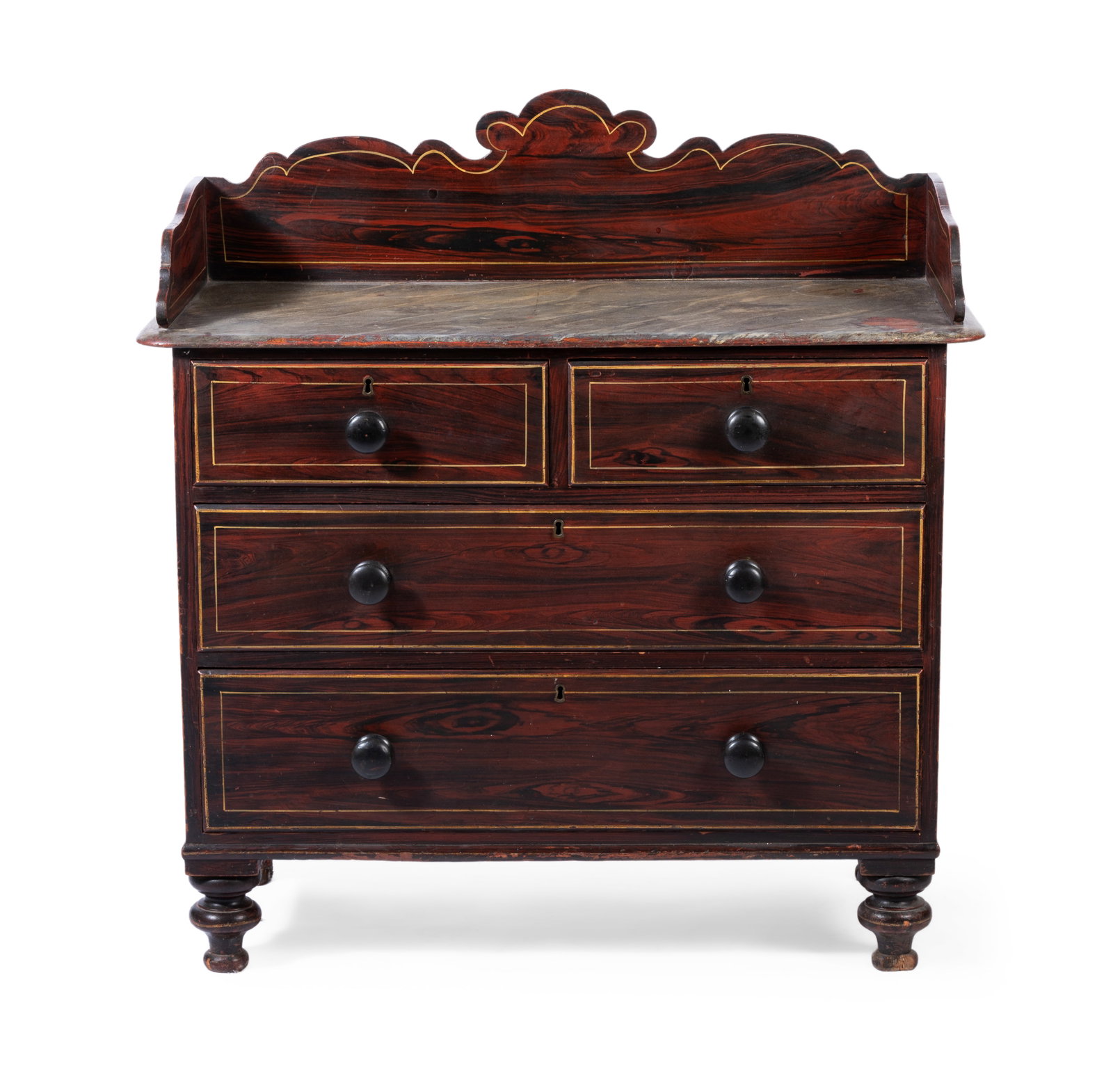 AN EARLY VICTORIAN FAUX MARBLE AND BROWN PAINTED CHEST, MID 19TH CENTURY: AN EARLY VICTORIAN FAUX MARBLE AND BROWN PAINTED CHEST MID 19TH CENTURY With three quarter gallery above two short and two long drawers 104cm high, 100cm wide, 47cm deep Condition Report Disclaimer