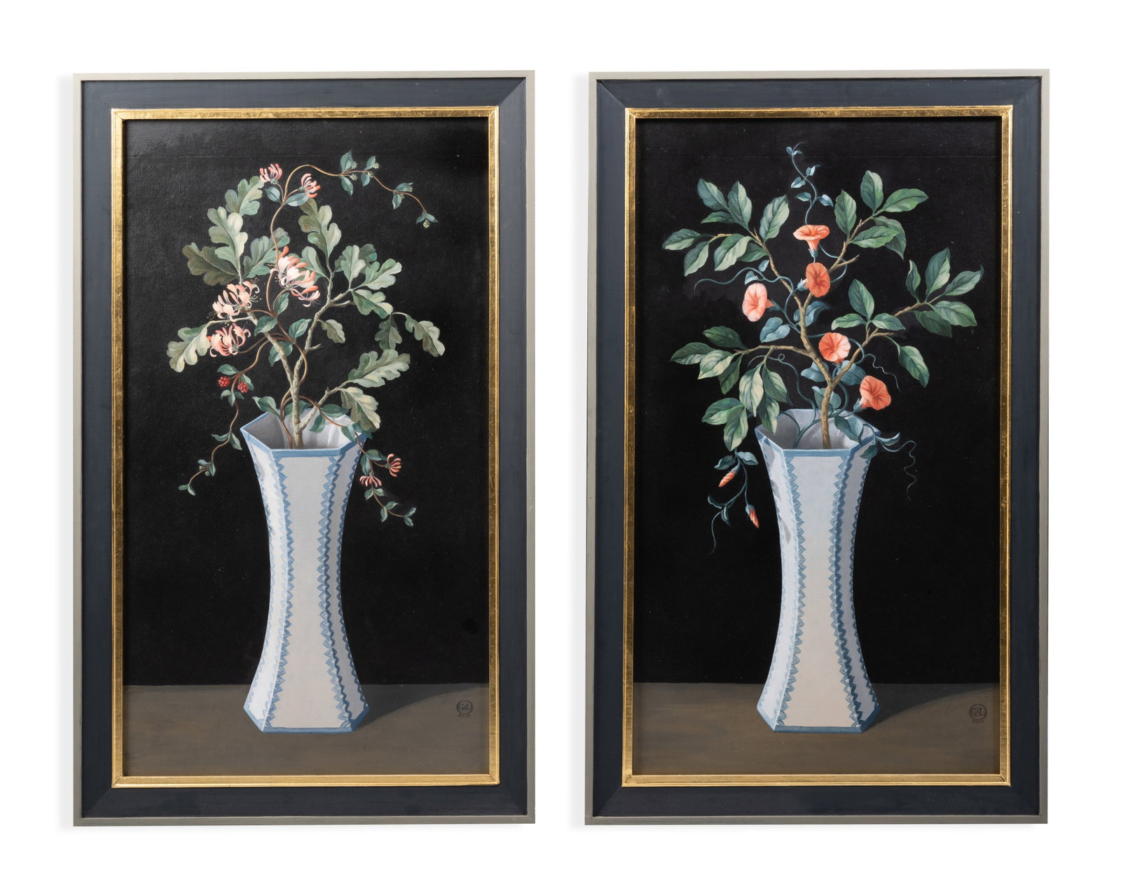 LUCINDA OAKES (BRITISH B.1966), A PAIR OF STILL LIVES OF VASES OF FLOWERS: LUCINDA OAKES (BRITISH B.1966) A PAIR OF STILL LIVES OF VASES OF FLOWERS Oil on canvas laid to board Signed with monogram, combining George and Lucinda Oake