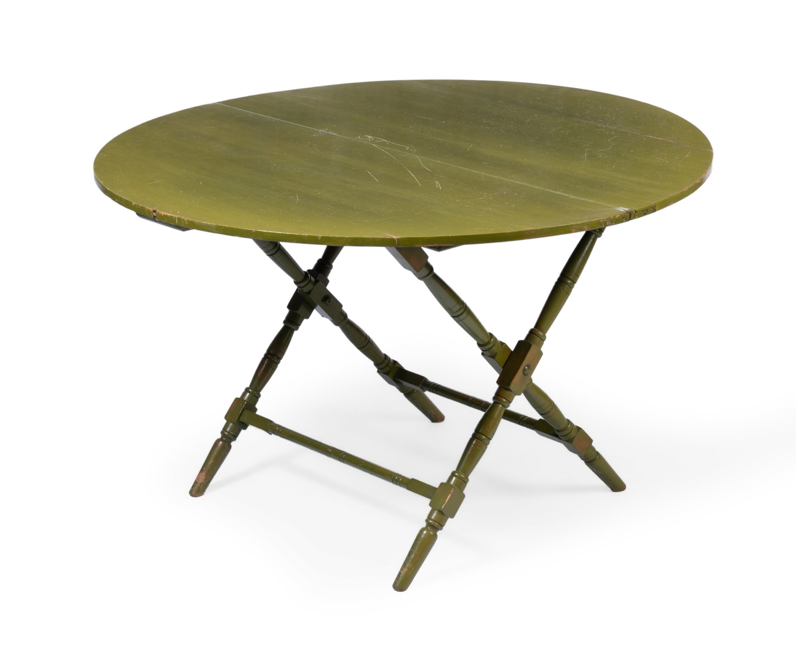 AN EDWARDIAN COACHING TABLE, EARLY 20TH CENTURY, AND LATER GREEN PAINTED: AN EDWARDIAN COACHING TABLE EARLY 20TH CENTURY, AND LATER GREEN PAINTED 64cm high, 100cm diameter Condition Report Disclaimer