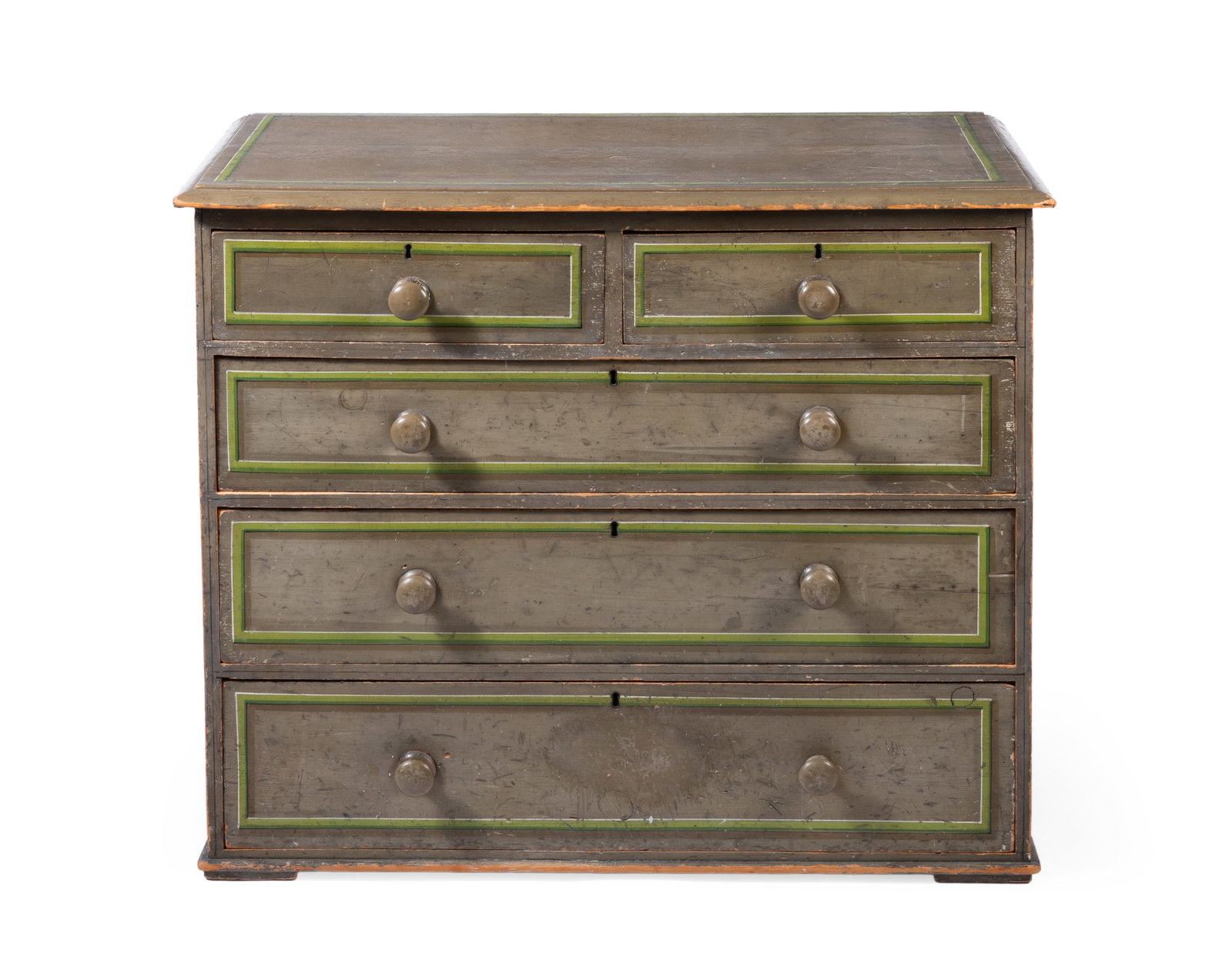 AN EARLY VICTORIAN GREEN PAINTED CHEST, MID 19TH CENTURY: AN EARLY VICTORIAN GREEN PAINTED CHEST MID 19TH CENTURY With two short and three long drawers 85cm high, 105cm wide, 53cm deep Condition Report Disclaimer