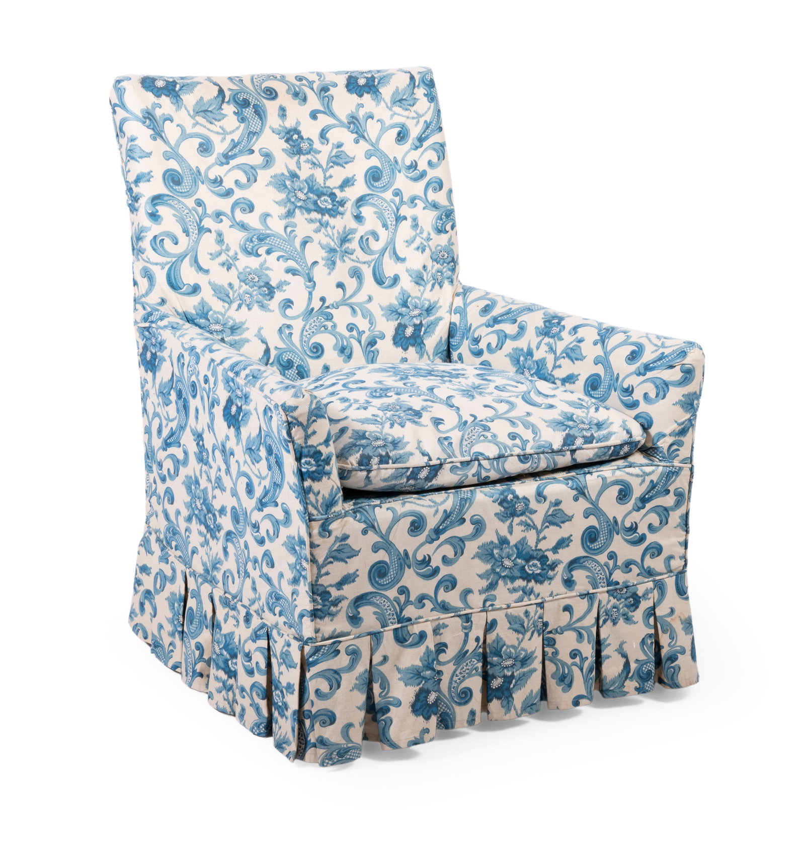 A BLUE AND WHITE FLORAL UPHOLSTERED EASY ARMCHAIR, LATE 20TH CENTURY (1 of 1)