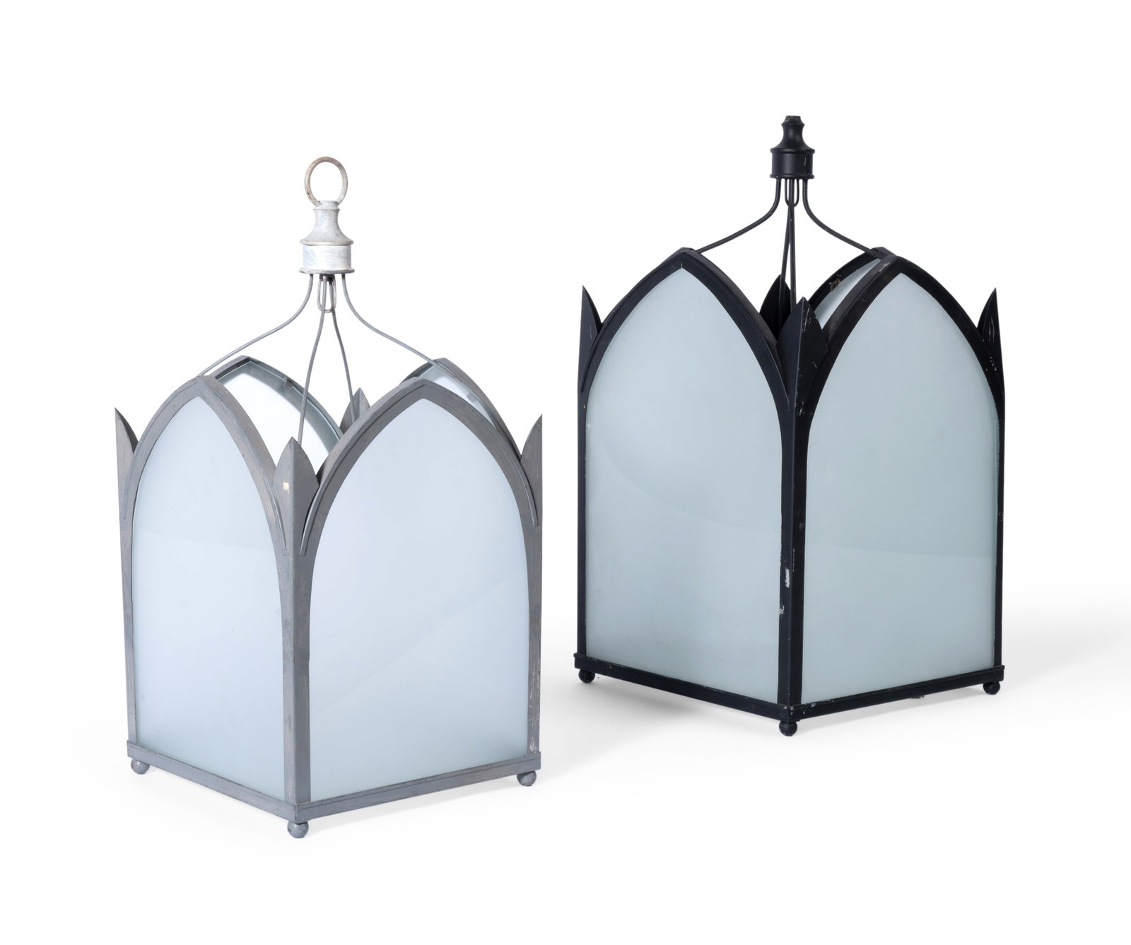 TWO PAINTED TOLE ‘GOTHIC’ HANGING LANTERNS, BY SIBYL COLEFAX & JOHN FOWLER, MODERN: TWO PAINTED TOLE ‘GOTHIC’ HANGING LANTERNS BY SIBYL COLEFAX & JOHN FOWLER, MODERN Of differing sizes The larger 55cm high, 28cm square, the smaller 50cm high, 24cm square Condition