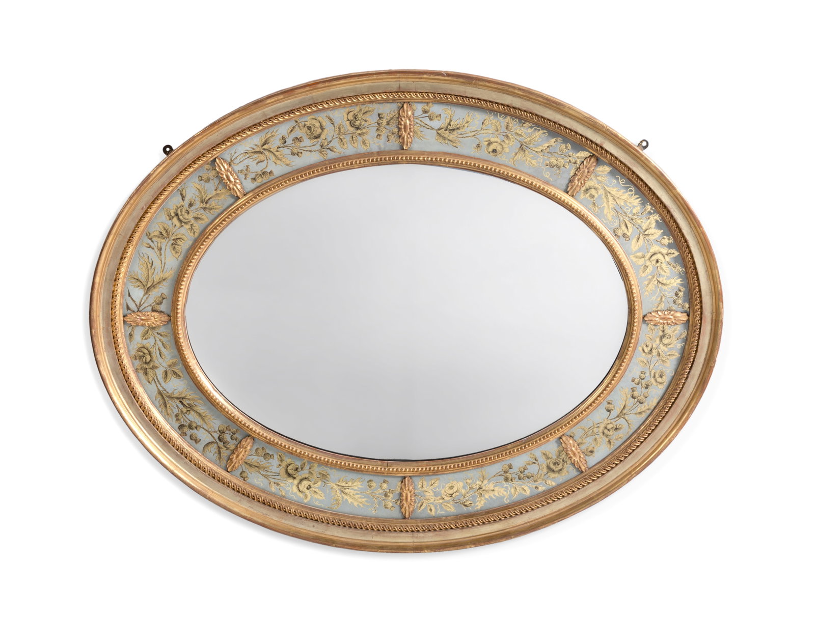 A REGENCY GILTWOOD AND VERRE EGLOMISE MIRROR, EARLY 19TH CENTURY: A REGENCY GILTWOOD AND VERRE EGLOMISE MIRROR EARLY 19TH CENTURY 102cm high, 80cm wide Provenance: Dreweatts, Fine Furniture, Sculpture, C