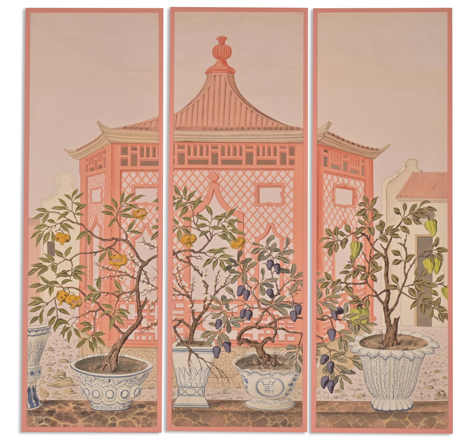 λ GEORGE OAKES (BRITISH 1927-2017), A CHINOISERIE WALLPAPER DESIGN: λ GEORGE OAKES (1927-2017) A CHINOISERIE WALLPAPER DESIGN DEPICTING A GAZEBO AND POTTED PLANTS, 3 PANELS Ink and watercolour and bodycolour over traces of pencil 239.5 x 75.5cm (94¼ x