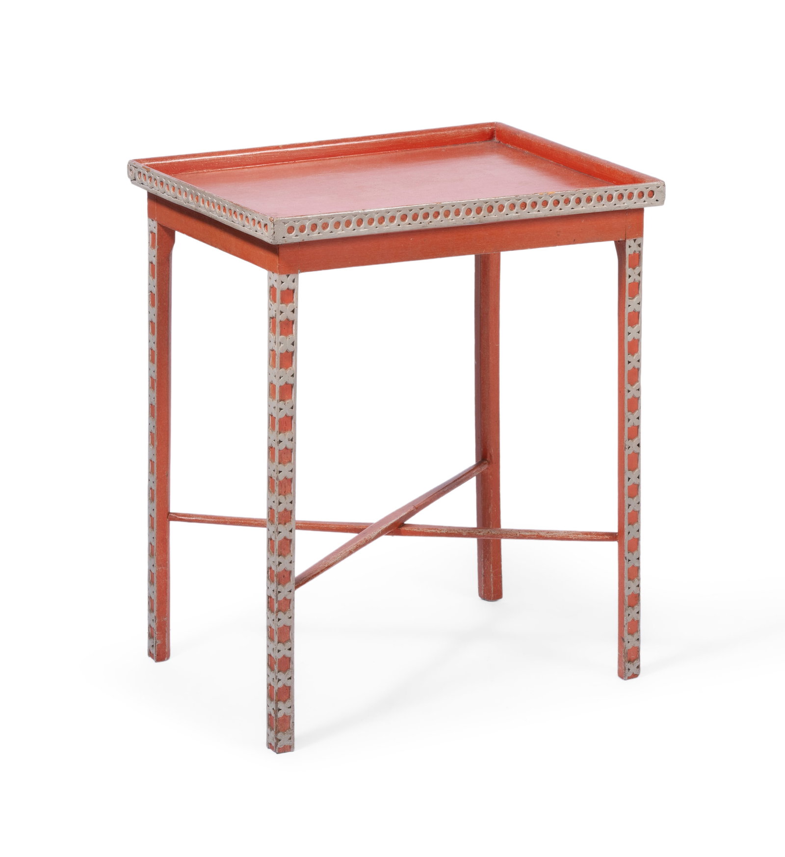 A REGENCY BLIND FRET CARVED TABLE, EARLY 19TH CENTURY, LATER PAINTED BY JOHN FOWLER: A REGENCY BLIND FRET CARVED TABLE EARLY 19TH CENTURY, LATER PAINTED BY JOHN FOWLER The top with a raised edge on square tapering legs joined by stretchers, with a paper label ‘This table was