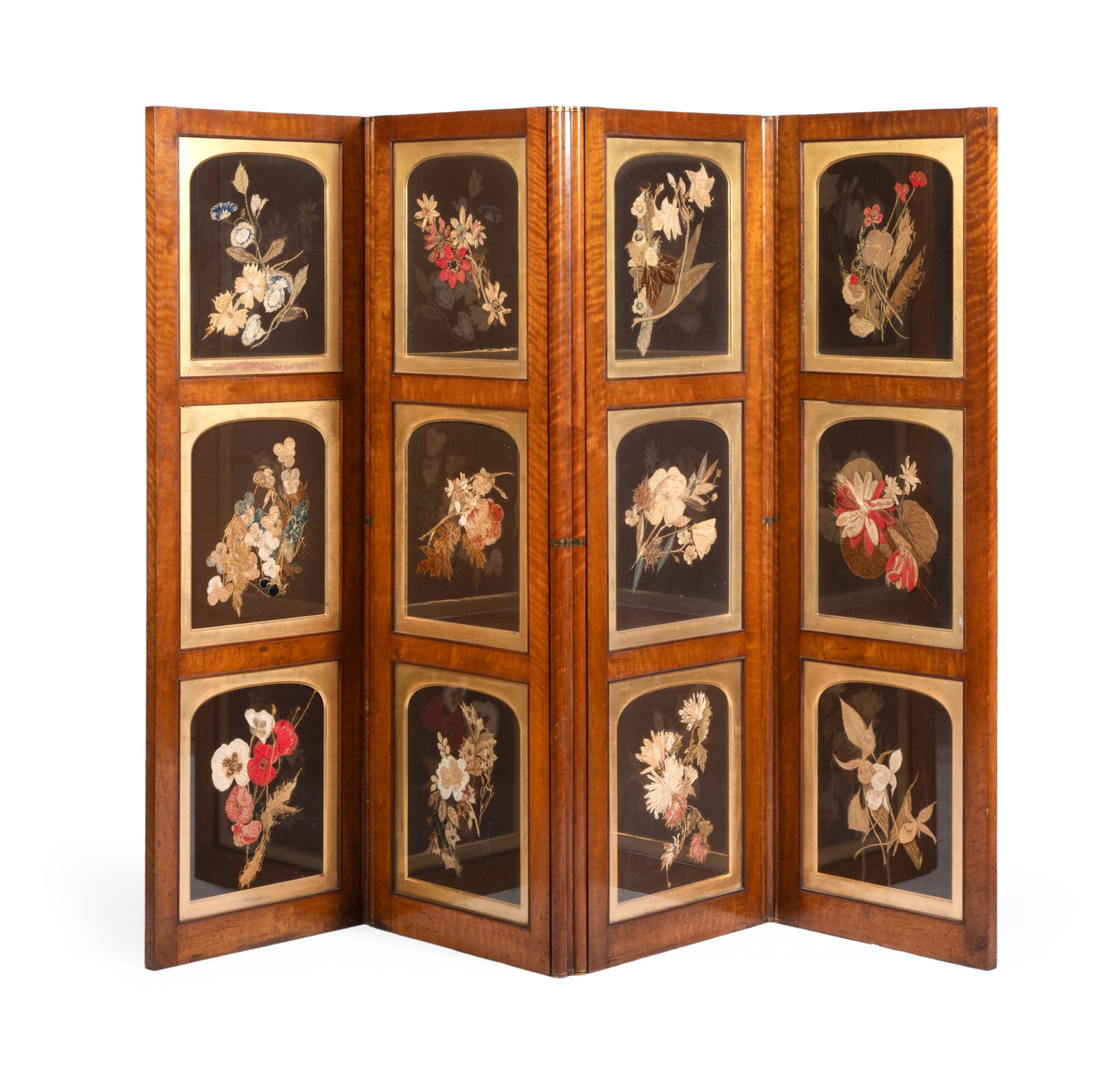 A VICTORIAN MAPLE AND NEEDLEWORK FOUR-FOLD ROOM SCREEN, LATE 19TH CENTURY: A VICTORIAN MAPLE AND NEEDLEWORK FOUR-FOLD ROOM SCREEN LATE 19TH CENTURY Each needlework panel depicting flowers 160.5cm high, each panel 52cm wide Provenance: Dreweatts, Fine Furniture, Sculpture,