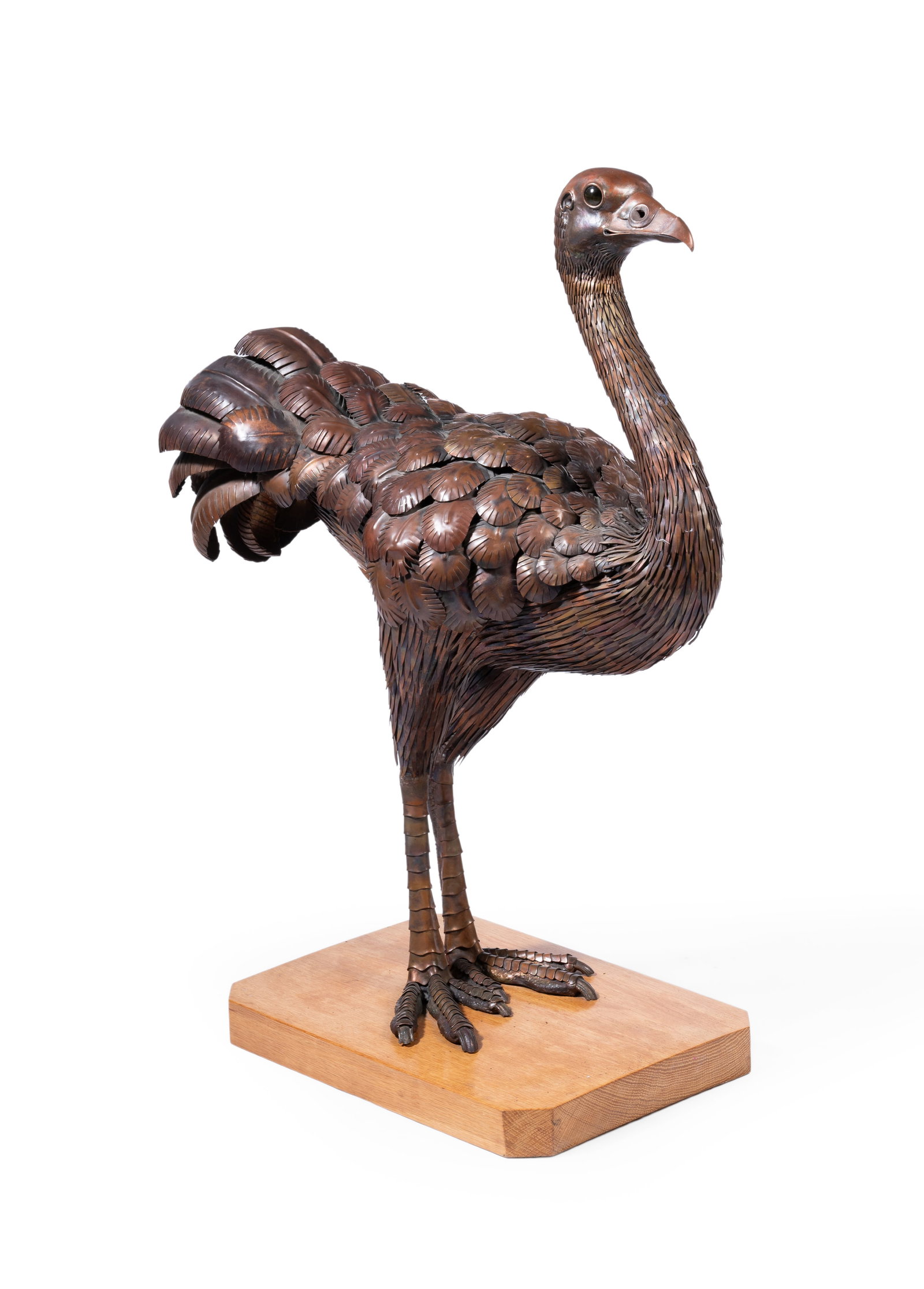 λ SUE WHITE-OAKES (BRITISH 20TH/21ST CENTURY), OSTRICH AFTER GESSNER: λ SUE WHITE-OAKES (BRITISH 20TH/21ST CENTURY) OSTRICH AFTER GESSNER Copper on an oak base 87 x 33 x 69cm (34¼ x 12 x 27in.) Condition Report Disclaimer