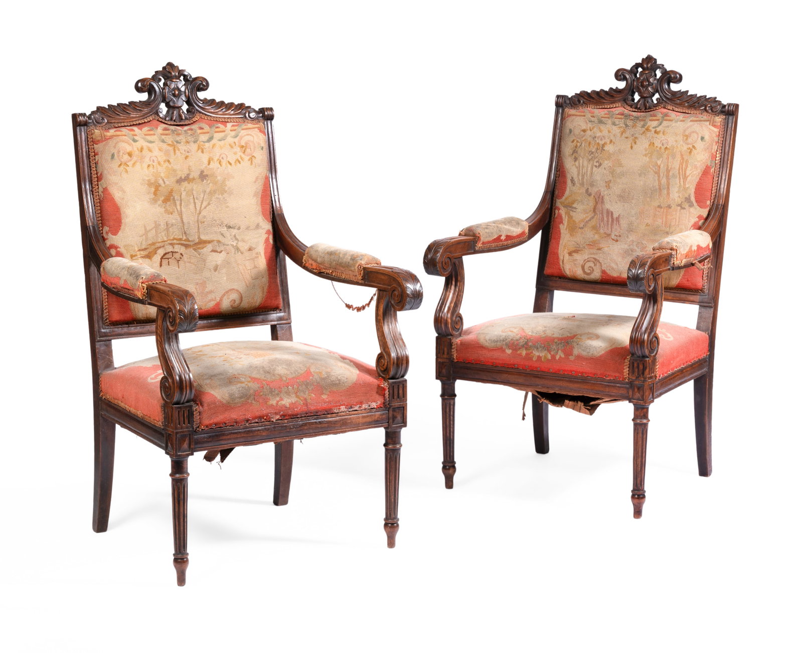 A PAIR OF WALNUT AND TAPESTRY UPHOLSTERED ARMCHAIRS, FRENCH, LATE 19TH CENTURY (1 of 3)