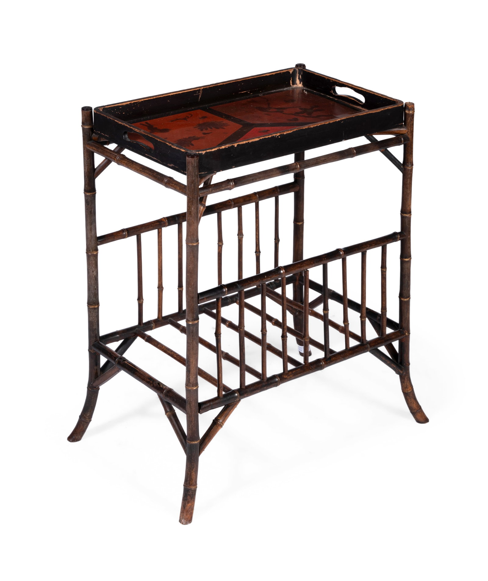 AN AESTHETIC MOVEMENT JAPANESE LACQUER TRAY TOP BAMBOO TABLE, LATE 19TH CENTURY: AN AESTHETIC MOVEMENT JAPANESE LACQUER TRAY TOP BAMBOO TABLE LATE 19TH CENTURY 71cm high, 56cm wide, 34cm deep Condition Report Disclaimer