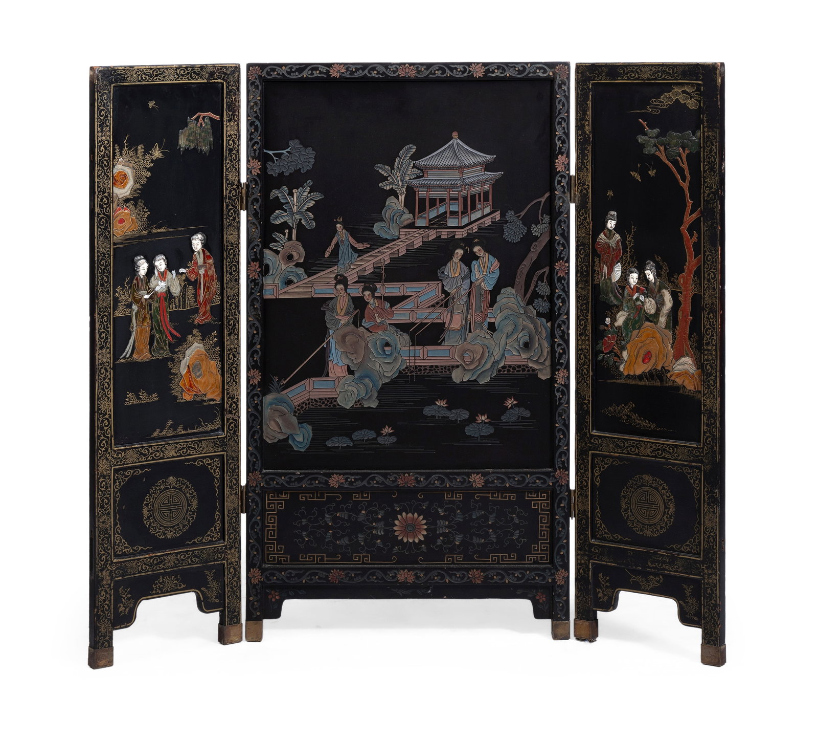 A CHINESE BLACK LACQUER AND INLAID SCREEN, 20TH CENTURY: A CHINESE BLACK LACQUER AND INLAID SCREEN 20TH CENTURY 92cm high, 104cm wide overall Provenance: Fernando Duran, Auction, Madrid Condition Report: PLEASE NOTE: ALL LOTS ARE LOCATED AT SACKVILLE WEST