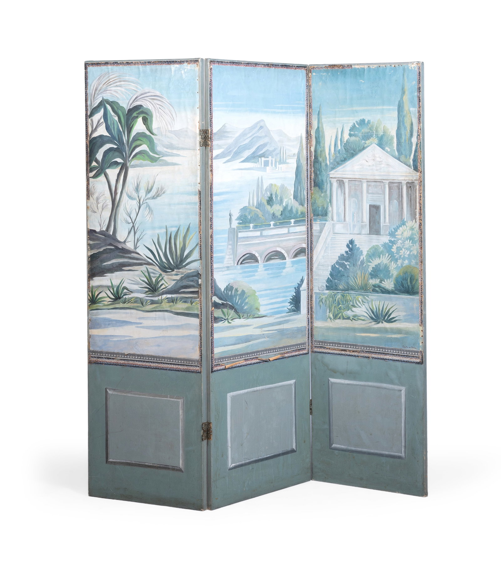 A PAINTED CANVAS THREE FOLD SCREEN, IN NEOCLASSICAL STYLE, 20TH CENTURY: A PAINTED CANVAS THREE FOLD SCREEN IN NEOCLASSICAL STYLE, 20TH CENTURY 160cm high, each panel 50.5cm wide Provenance: Roseberys, Traditional Home, 16 August 2023, lot 445 Condition Report: