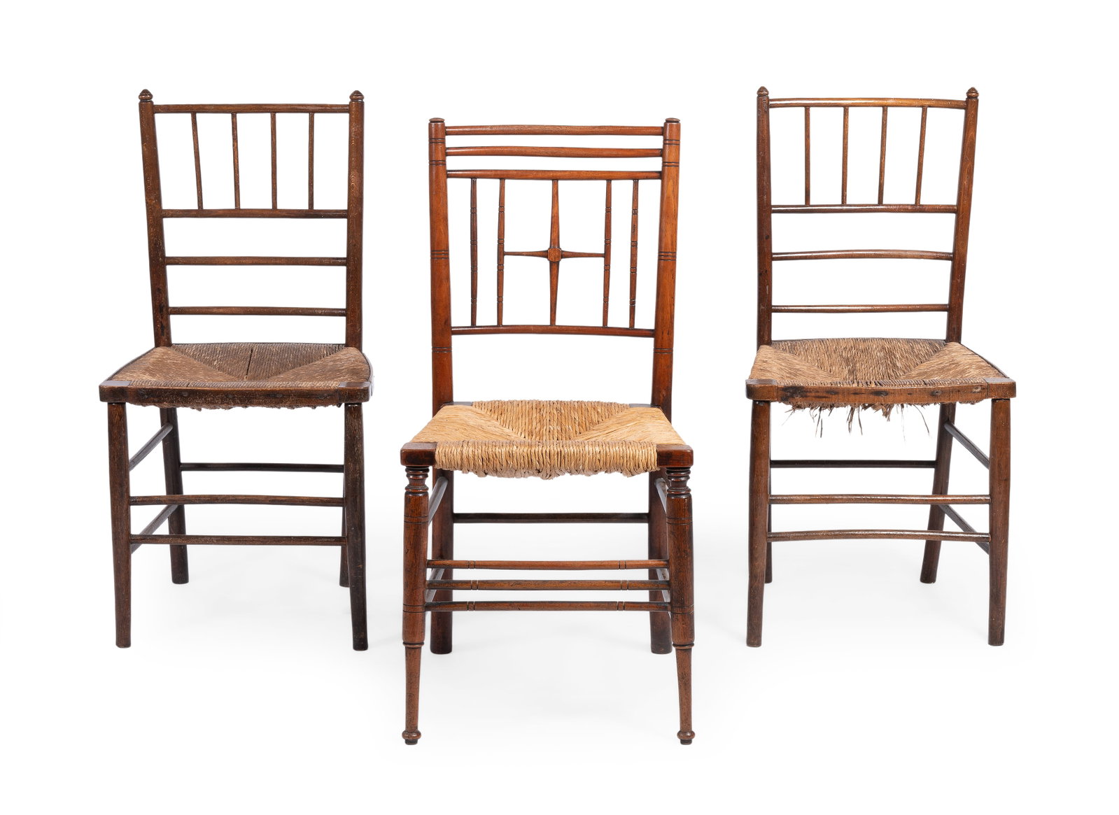 AN ARTS & CRAFTS ‘ARGYLL’ SIDE CHAIR, LATE 19TH CENTURY, TOGETHER WITH A PAIR OF BEECH S: AN ARTS & CRAFTS WALNUT ‘ARGYLL’ SIDE CHAIR LIKELY FOR LIBERTY, LATE 19TH CENTURY 84cm high, 45cm wide, 45cm deep Together with a pair of beech side chairs, 19th century, 85cm high,