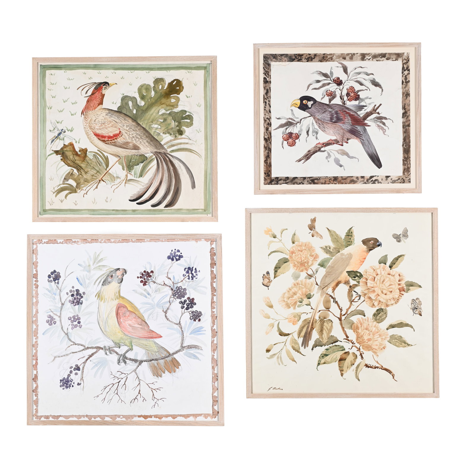 λ GEORGE OAKES (BRITISH 1927-2017), FOUR CUSHION DESIGNS WITH PARAKEETS AND OTHER BIRDS: λ GEORGE OAKES (BRITISH 1927-2017) FOUR CUSHION DESIGNS WITH PARAKEETS AND OTHER BIRDS Watercolour over pencil One signed (lower left) 55.5 x 55.5cm (21¾ x 21¾in.) (4) Condition