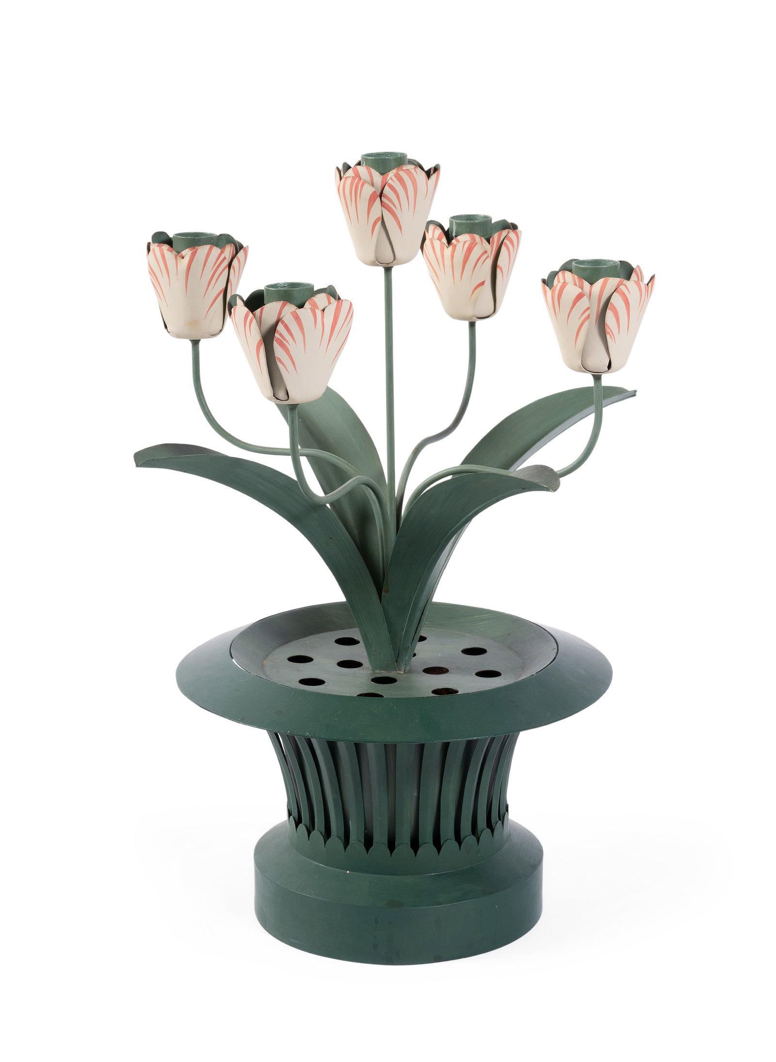 A DARK GREEN PAINTED TOLE TULIPIERE CANDELABRA, BY SIBYL COLEFAX & JOHN FOWLER, LATE 20TH CENTURY: A DARK GREEN AND CREAM PAINTED TOLE TULIPIERE CANDELABRA BY SIBYL COLEFAX & JOHN FOWLER, LATE 20TH CENTURY 48cm high This model was copied from an original found in Paris by John Fowler in the 195