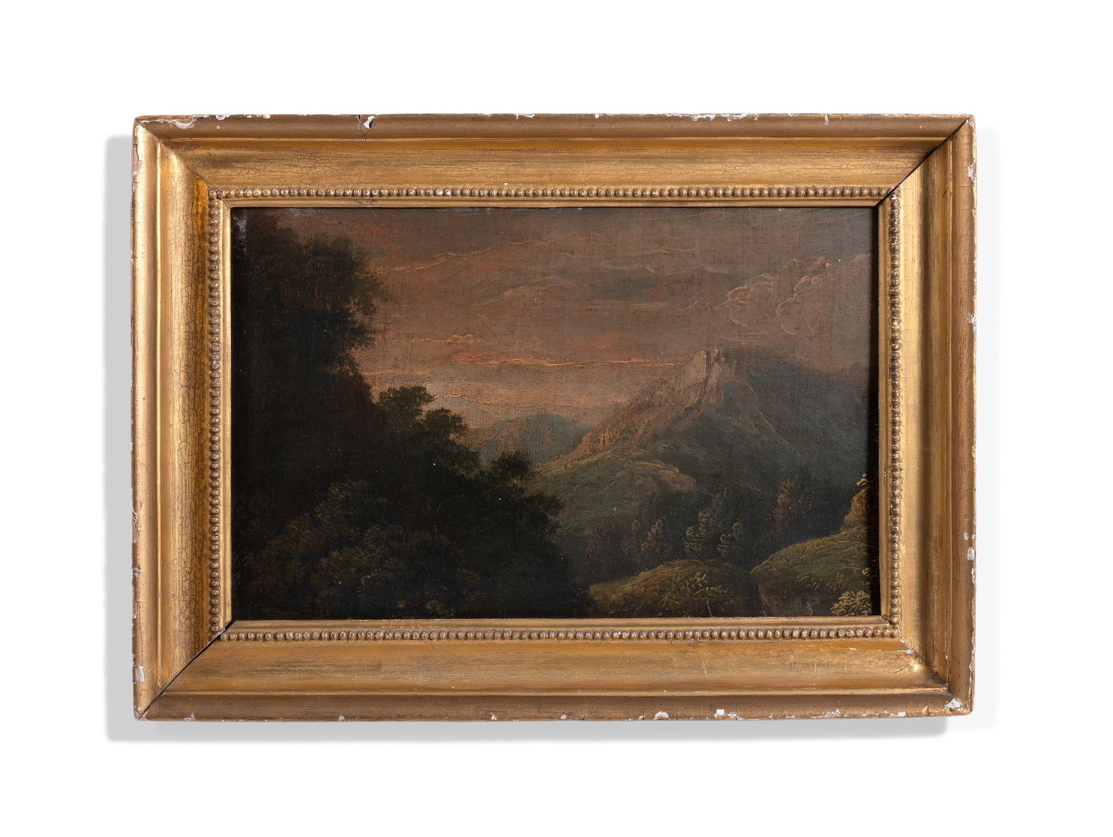 FOLLOWER OF RICHARD WILSON, EVENING SKY IN A MOUNTAIN LANDSCAPE: FOLLOWER OF RICHARD WILSON EVENING SKY IN A MOUNTAIN LANDSCAPE Oil on canvas laid to board 23.5 x 36cm (9¼ x 14in.) Condition Report Disclaimer