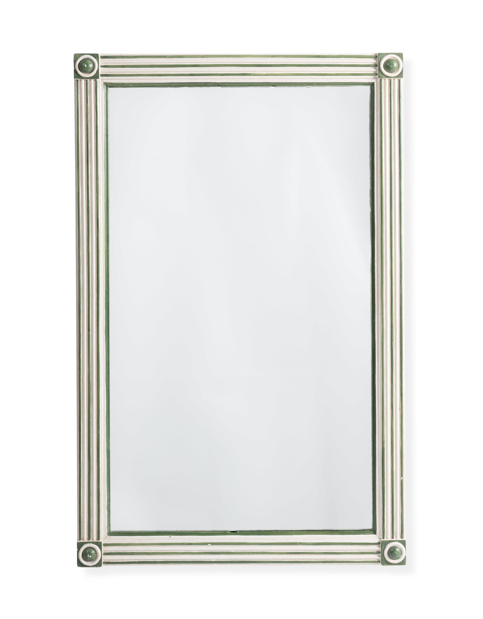 A CREAM AND GREEN LINE PAINTED MIRROR, ENGLISH, EARLY 19TH CENTURY: A CREAM AND GREEN LINE PAINTED MIRROR ENGLISH, EARLY 19TH CENTURY Probably repainted by John Fowler, with paper label ‘This mirror was left to me in his will by the late John Fowler,