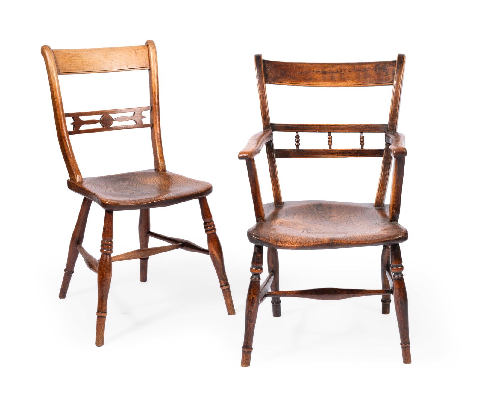 A FRUITWOOD AND ELM WINDSOR ARMCHAIR, AND SIMILAR SIDE CHAIR, FIRST HALF 19TH CENTURY: A FRUITWOOD AND ELM WINDSOR ARMCHAIR AND SIMILAR SIDE CHAIR ENGLISH, FIRST HALF 19TH CENTURY The armchair 84cm high, 50cm wide and deep, the side chair 65cm high, 50cm wide, 50cm deep (2) Condition