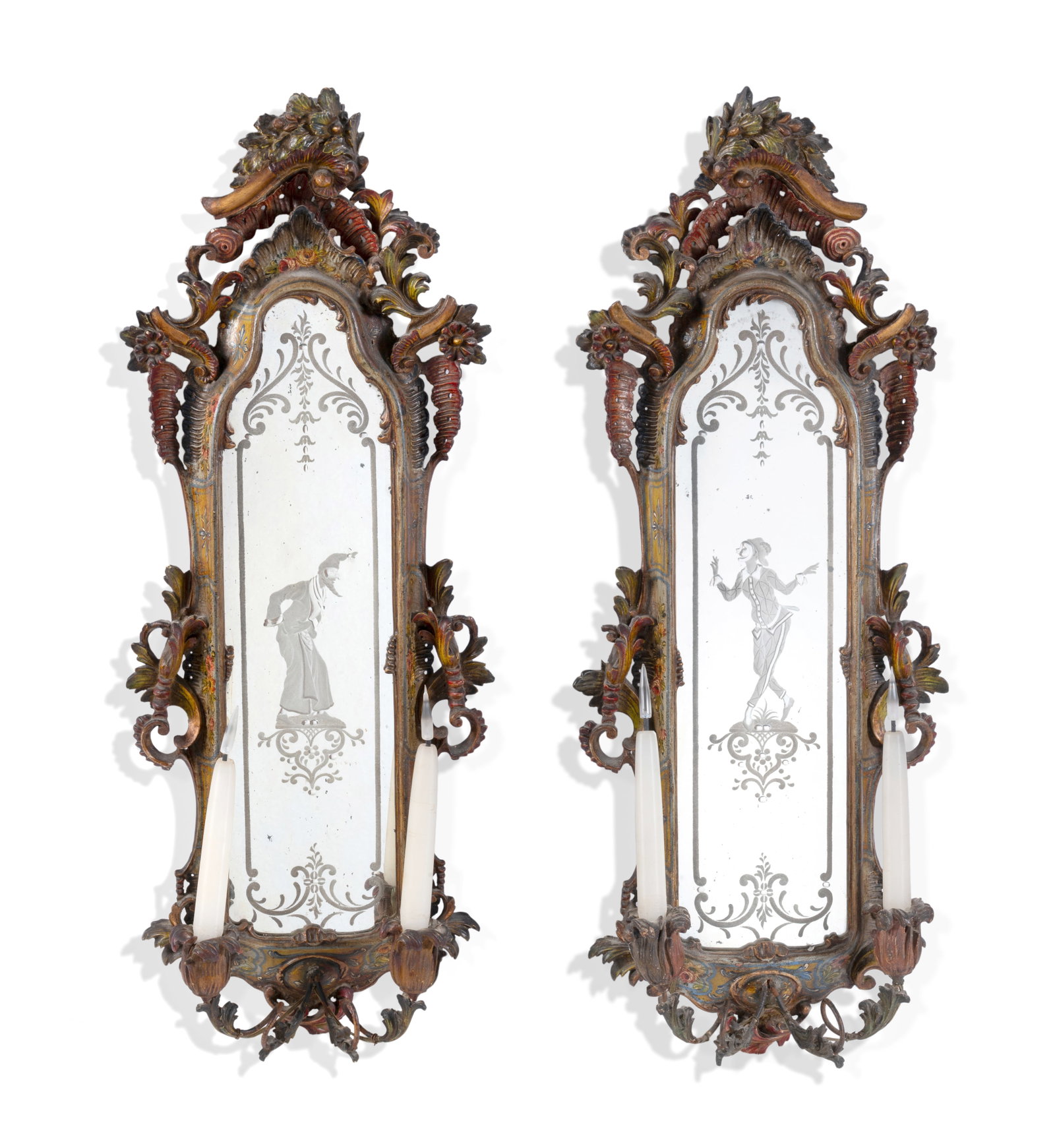 A PAIR OF VENETIAN GIRANDOLE MIRRORS, FIRST HALF 19TH CENTURY: A PAIR OF VENETIAN GIRANDOLE MIRRORS FIRST HALF 19TH CENTURY Each with green, red, yellow and blue painted rococo foliate frames, with additional painted floral embellishments, each with twin foliate