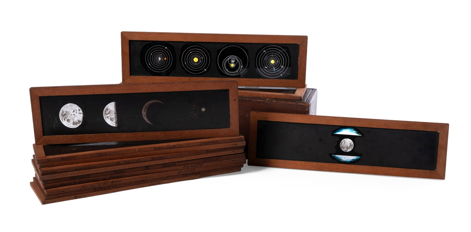 AN UNUSUAL CASED SET OF ENGLISH HAND PAINTED GLASS EDUCATIONAL ASTRONOMICAL MAGIC LANTERN SLIDES (1 of 4)