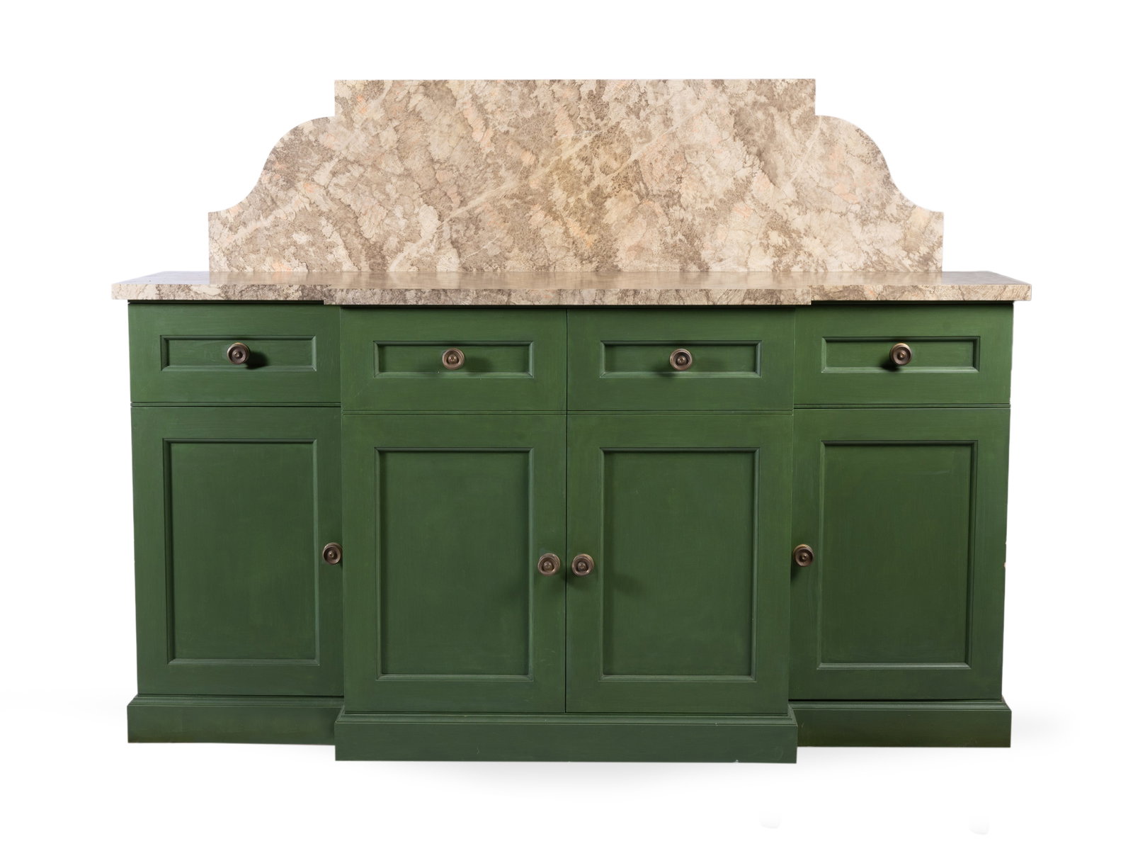 A GREEN PAINTED BREAKFRONT SIDE CABINET BY GEORGE OAKES, LATE 20TH CENTURY: A GREEN PAINTED BREAKFRONT SIDE CABINET BY GEORGE OAKES, LATE 20TH CENTURY With a painted faux marble top above four drawers and four doors 137cm high, 178cm high, 65cm deep Including George