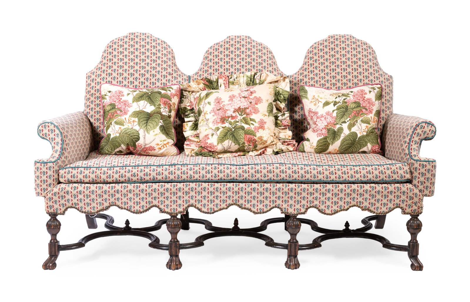A WALNUT TRIPLE BACK SOFA, IN WILLIAM AND MARY STYLE, EARLY 20TH CENTURY: A WALNUT TRIPLE BACK SOFA IN WILLIAM AND MARY STYLE, EARLY 20TH CENTURY Upholstered in Colefax & Fowler ‘Bordeaux’ fabric 103cm high, 182cm wide, 56cm deep Together with three Sibyl