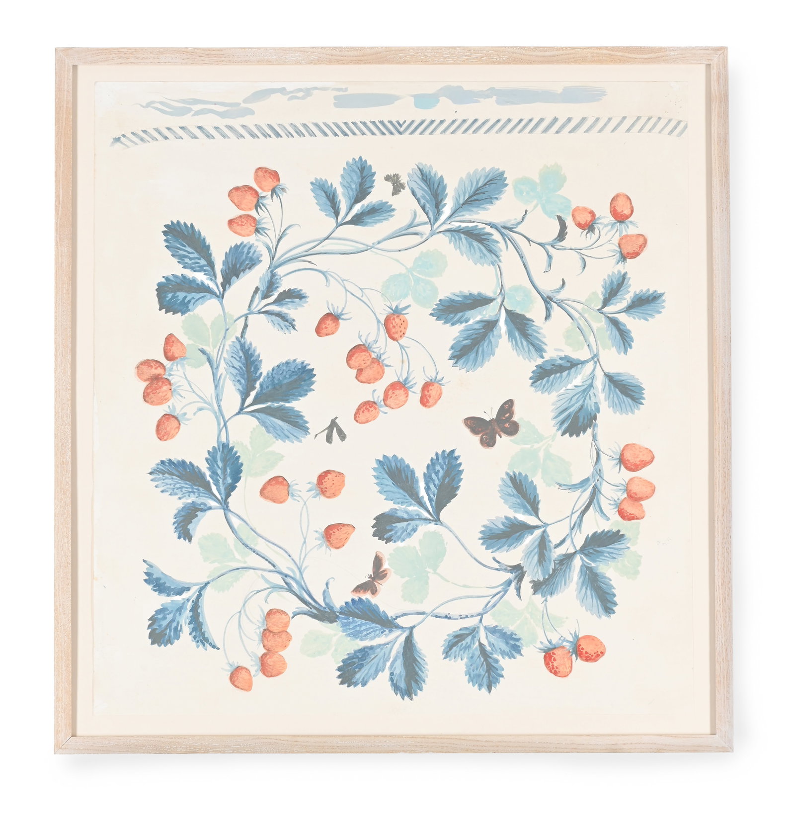 λ GEORGE OAKES (BRITISH 1927-2017), A DESIGN OF STRAWBERRIES AND BUTTERFLIES: λ GEORGE OAKES (BRITISH 1927-2017) A DESIGN OF STRAWBERRIES AND BUTTERFLIES Watercolour over pencil heightened with bodycolour 54.5 x 51cm (21¼ x 20in.) Condition Report Disclaimer