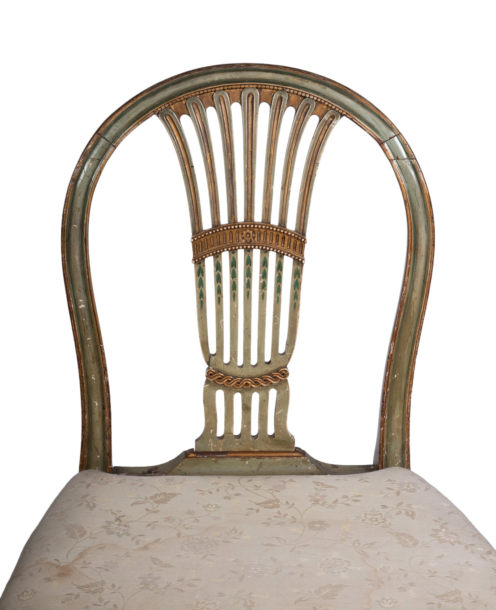 A PAIR OF GEORGE III GREEN PAINTED AND PARCEL GILT SIDE CHAIRS, CIRCA 1790 - 2