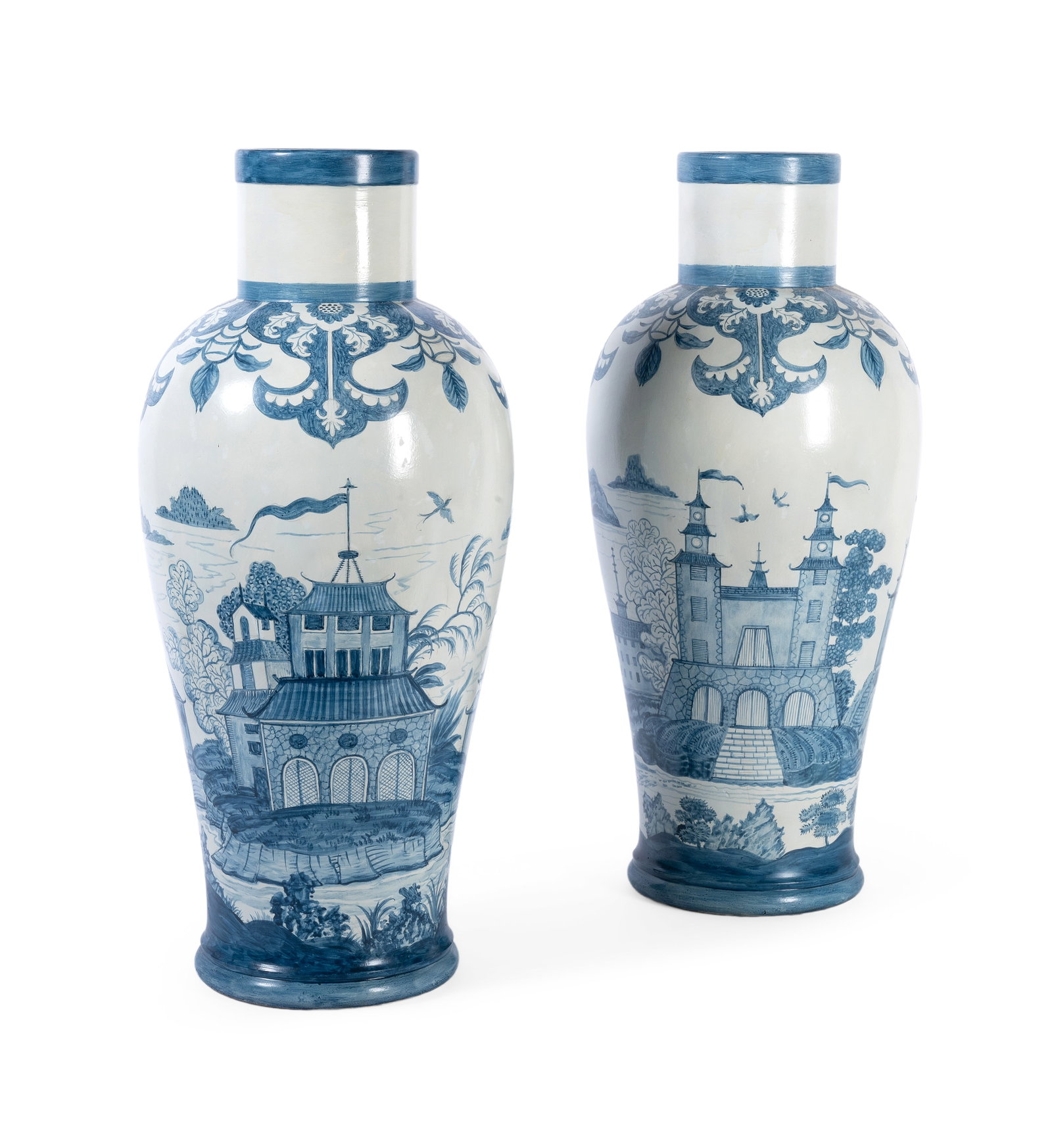 A PAIR OF BLUE AND WHITE PAINTED VASES, PAINTED BY GEORGE OAKES, WITH TWO WALL BRACKETS (1 of 3)