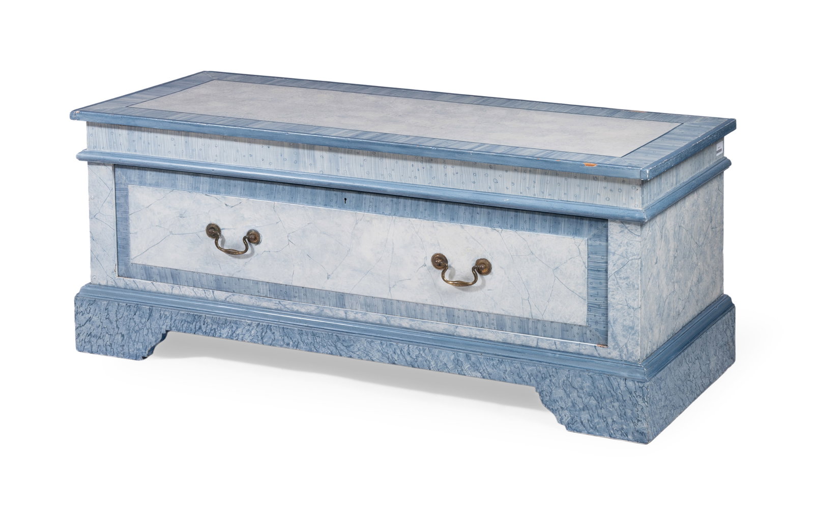 A BLUE PAINTED AND BRUSH GRAINED LOW CHEST, 20TH CENTURY, AND LATER PAINTED BY GEORGE OAKES: A BLUE PAINTED AND BRUSH GRAINED LOW CHEST 20TH CENTURY, AND LATER PAINTED BY GEORGE OAKES Fitted with a drawer 52cm high, 120cm wide, 48cm deep Illustrated in ‘Colefax & Fowler’,