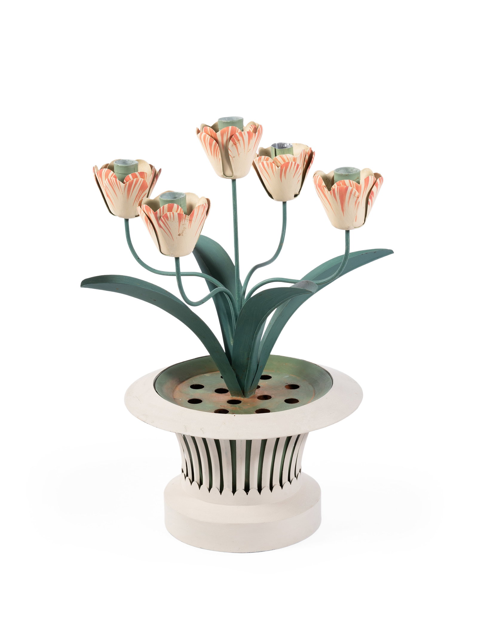 A LIGHT GREEN PAINTED TOLE TULIPIERE CANDELABRA, BY SIBYL COLEFAX & JOHN FOWLER, LATE 20TH CENTURY: A LIGHT GREEN AND CREAM PAINTED TOLE TULIPIERE CANDELABRA BY SIBYL COLEFAX & JOHN FOWLER, LATE 20TH CENTURY 48cm high This model was copied from an original found in Paris by John Fowler in the