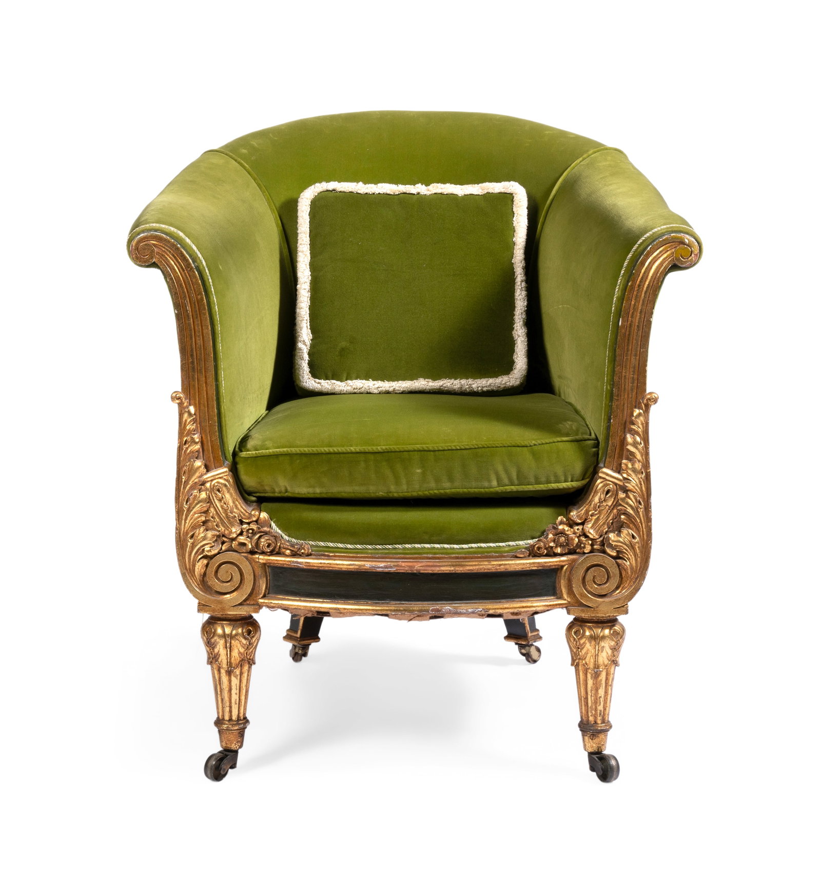 A GEORGE IV PAINTED AND PARCEL GILT TUB ARMCHAIR, EARLY 19TH CENTURY (1 of 3)