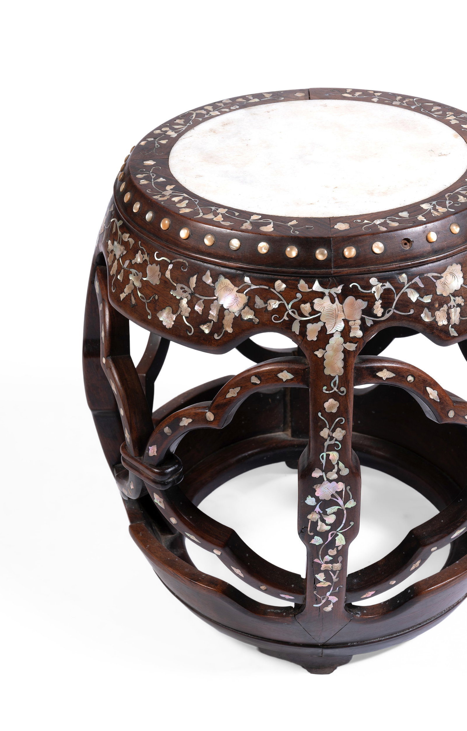 Y A NEAR PAIR OF CHINESE ROSEWOOD AND MOTHER OF PEARL GARDEN SEATS, LATE 19TH CENTURY - 3