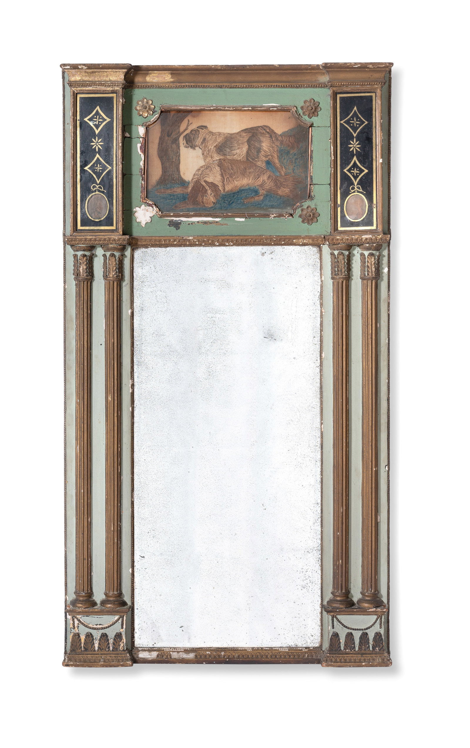 A GREEN PAINTED AND PART GILDED MIRROR, FRENCH, FIRST HALF 19TH CENTURY: A GREEN PAINTED AND PART GILDED MIRROR FRENCH, FIRST HALF 19TH CENTURY The central plate flanked by twin columns and surmounted by a glazed painted panel depicting a pair of spaniels 131cm high, 71cm