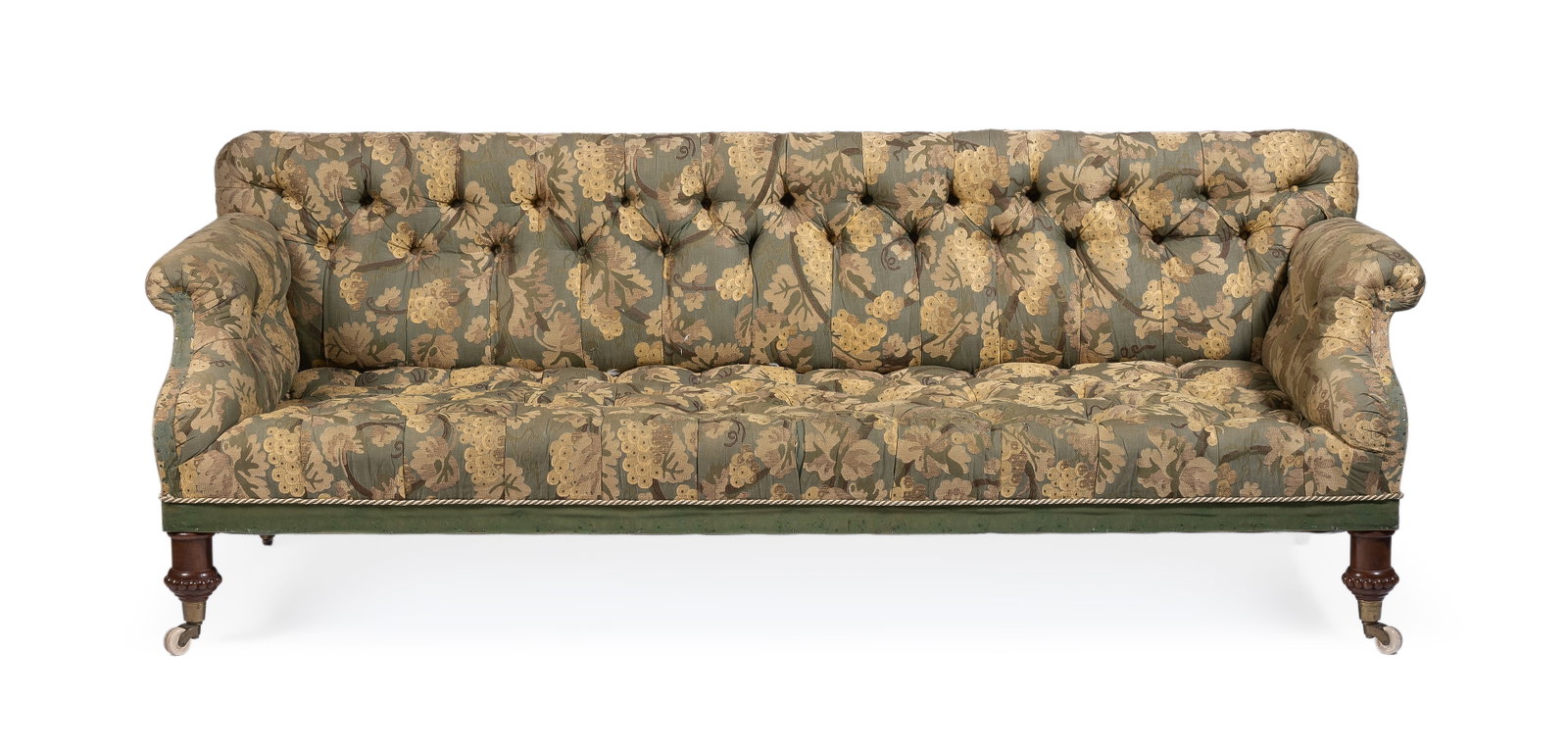 A WILLIAM IV WALNUT AND UPHOLSTERED SOFA, IN THE MANNER OF HOLLAND & SONS, CIRCA 1835 (1 of 3)