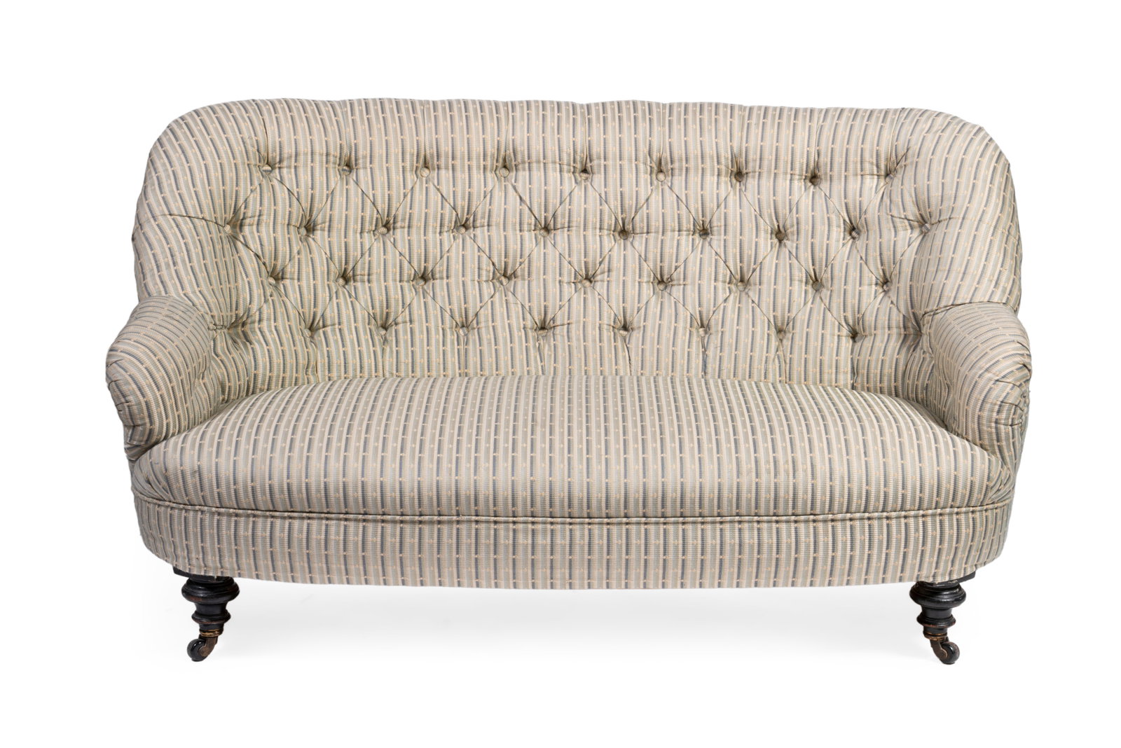 A LATE VICTORIAN STRIPED FABRIC BUTTON BACK SOFA, LATE 19TH CENTURY: A LATE VICTORIAN STRIPED FABRIC BUTTON BACK SOFA
