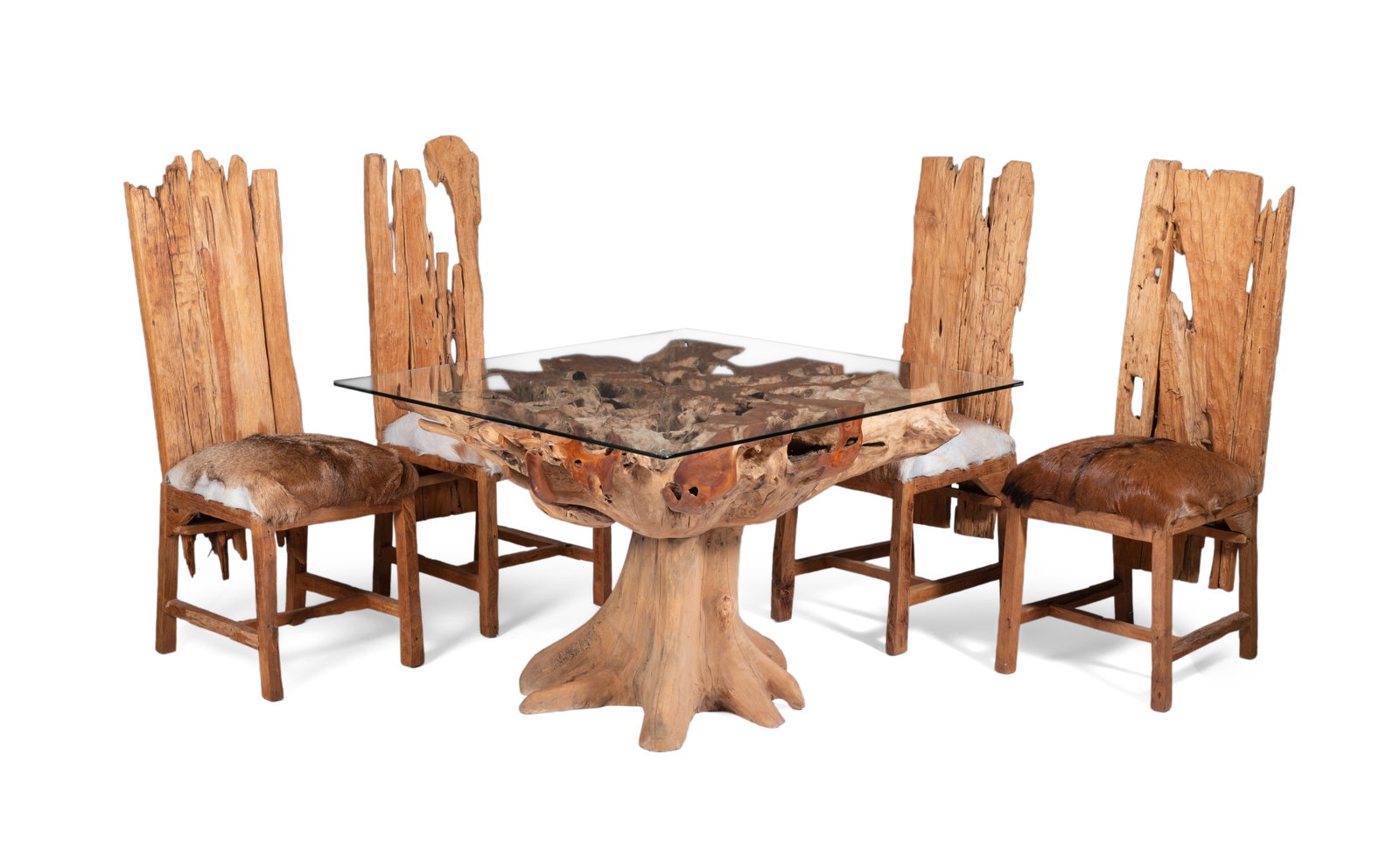 A DRIFTWOOD EFFECT AND GLASS TOPPED PEDESTAL TABLE AND FOUR RUSTIC CHAIRS EN-SUITE, MODERN (1 of 4)