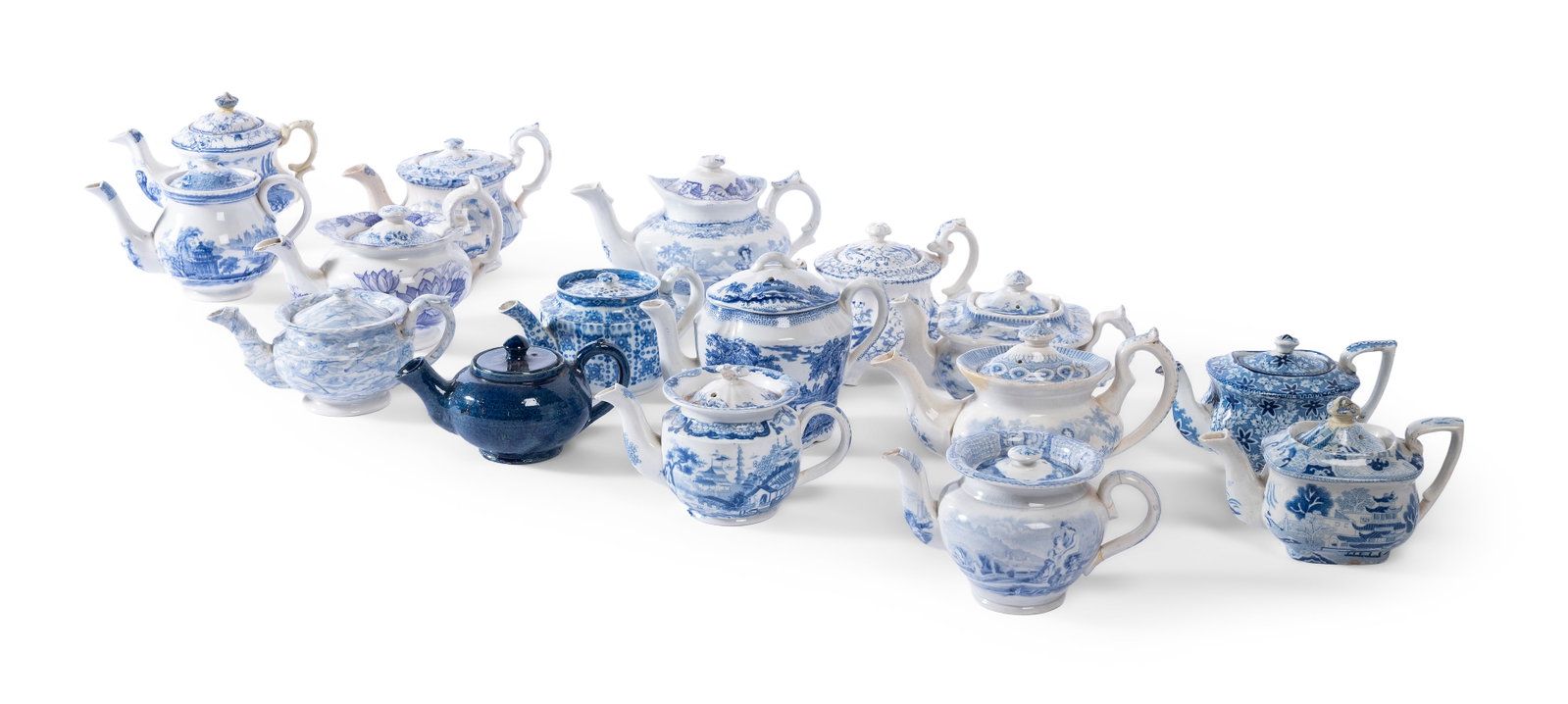 A COLLECTION OF MOSTLY STAFFORDSHIRE PRINTED SMALL TEAPOTS AND COVERS, AND WALL BRACKETS: A COLLECTION OF MOSTLY STAFFORDSHIRE PRINTED SMALL TEAPOTS AND COVERS VARIOUS DATES 19TH CENTURY 12cm high and smaller Together with wall brackets designed and painted by George Oakes Condition