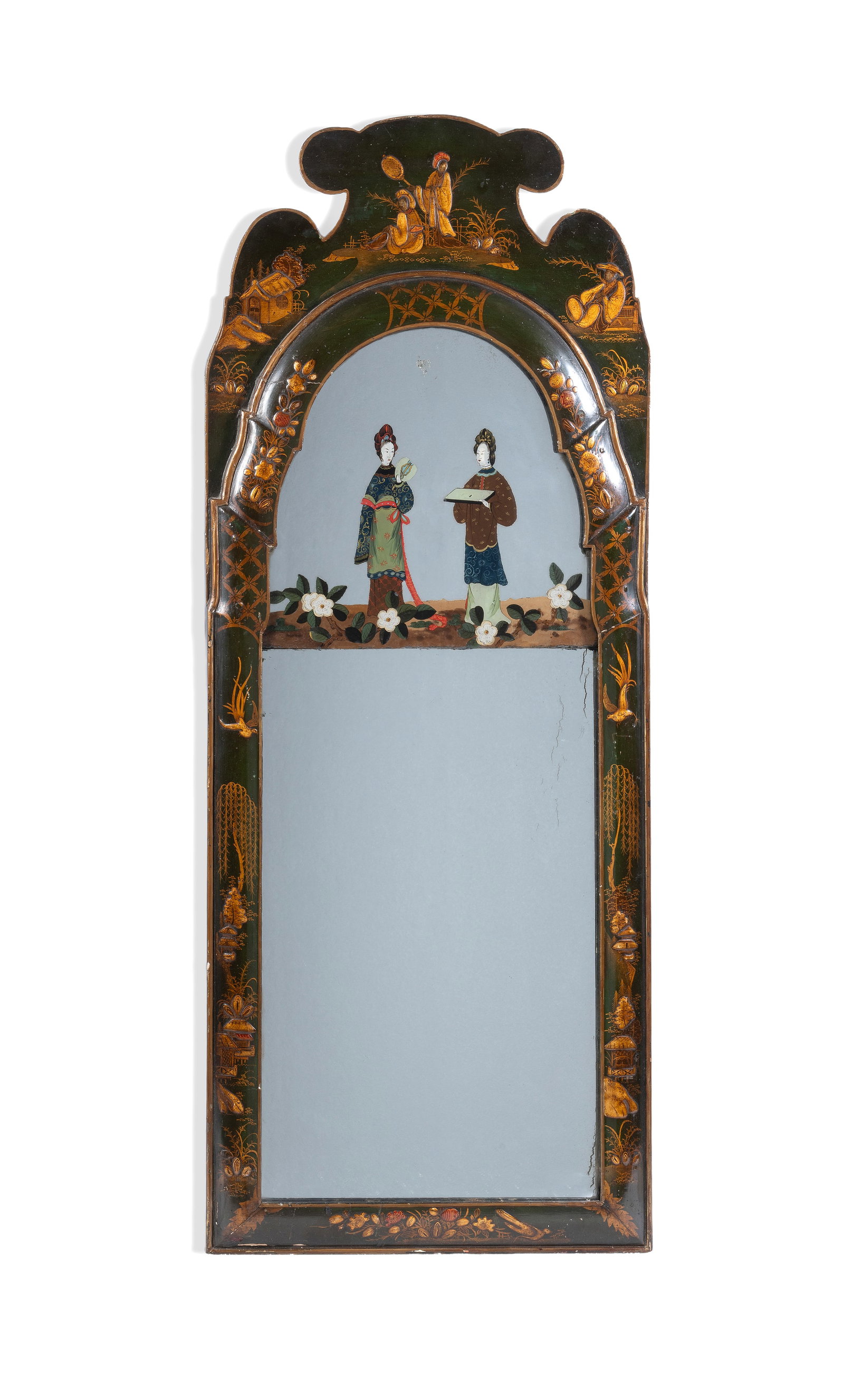 A GREEN LACQUER WALL MIRROR, IN QUEEN ANNE STYLE, 18TH CENTURY AND LATER: A GREEN LACQUER WALL MIRROR IN QUEEN ANNE STYLE, 18TH CENTURY AND LATER Reverse painted on glass 111cm high, 44cm wide Condition Report: PLEASE NOTE: ALL LOTS ARE LOCATED AT SACKVILLE WEST STORAGE IN