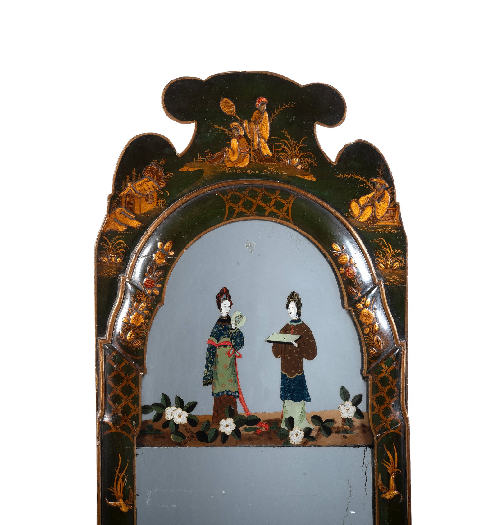 A GREEN LACQUER WALL MIRROR, IN QUEEN ANNE STYLE, 18TH CENTURY AND LATER - 2