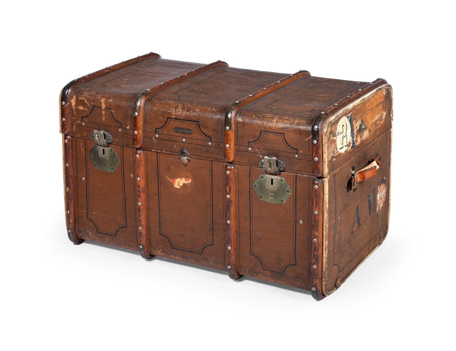A CANVAS AND WOODEN STRAP STEAMER TRAVEL TRUNK, BY GEBRUDER LOCHER, ZURICH, SWISS, CIRCA 1900 (1 of 1)