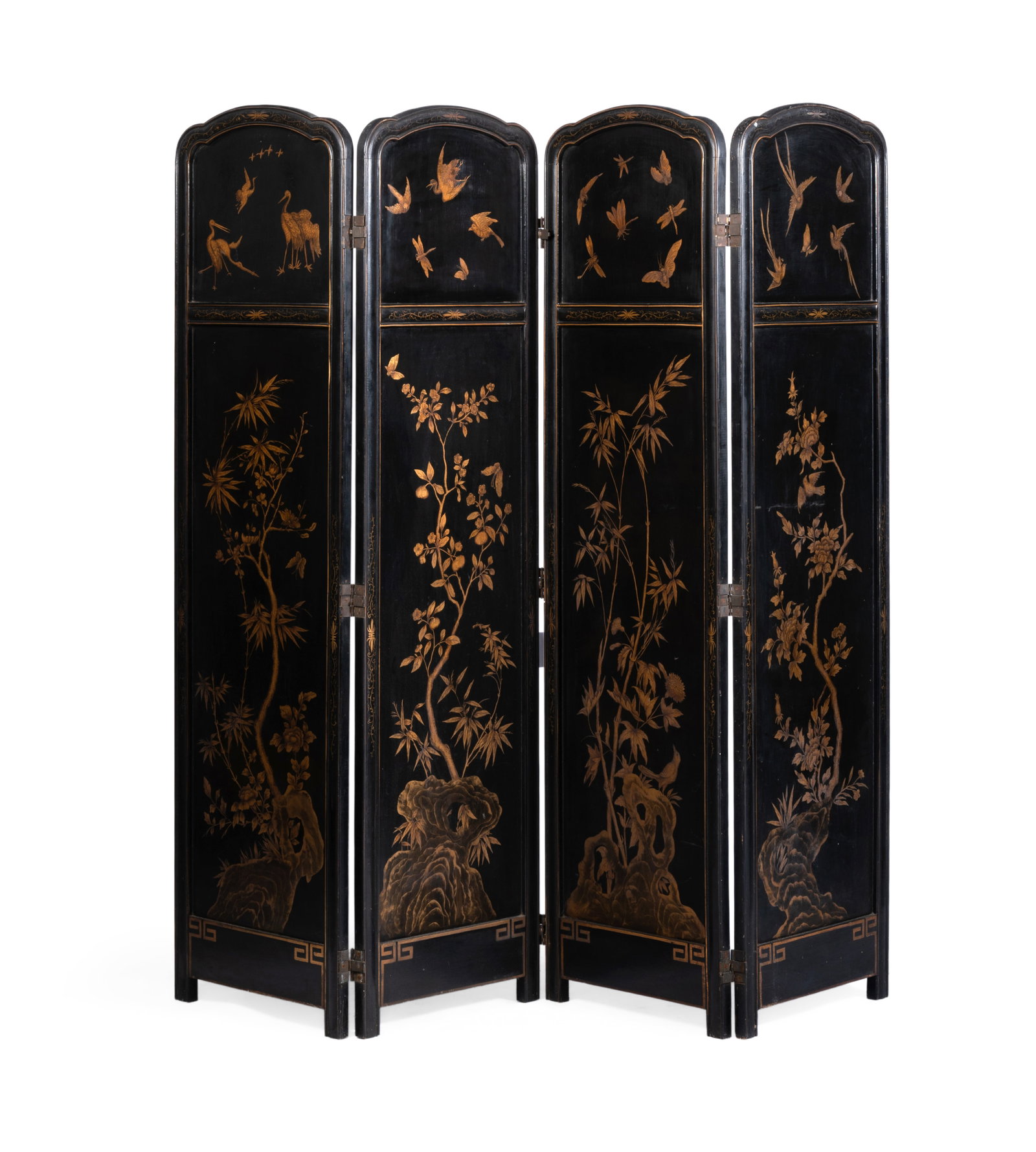 A JAPANNED BLACK AND GILT LACQUER FOUR PANEL FOLDING SCREEN, FRENCH, 19TH CENTURY: A JAPANNED BLACK AND GILT LACQUER FOUR PANEL FOLDING SCREEN FRENCH, 19TH CENTURY 175cm high, 192cm wide overall Provenance: Lyon & Turnbull, Five Centuries, 17 May 2023, lot 534 Condition