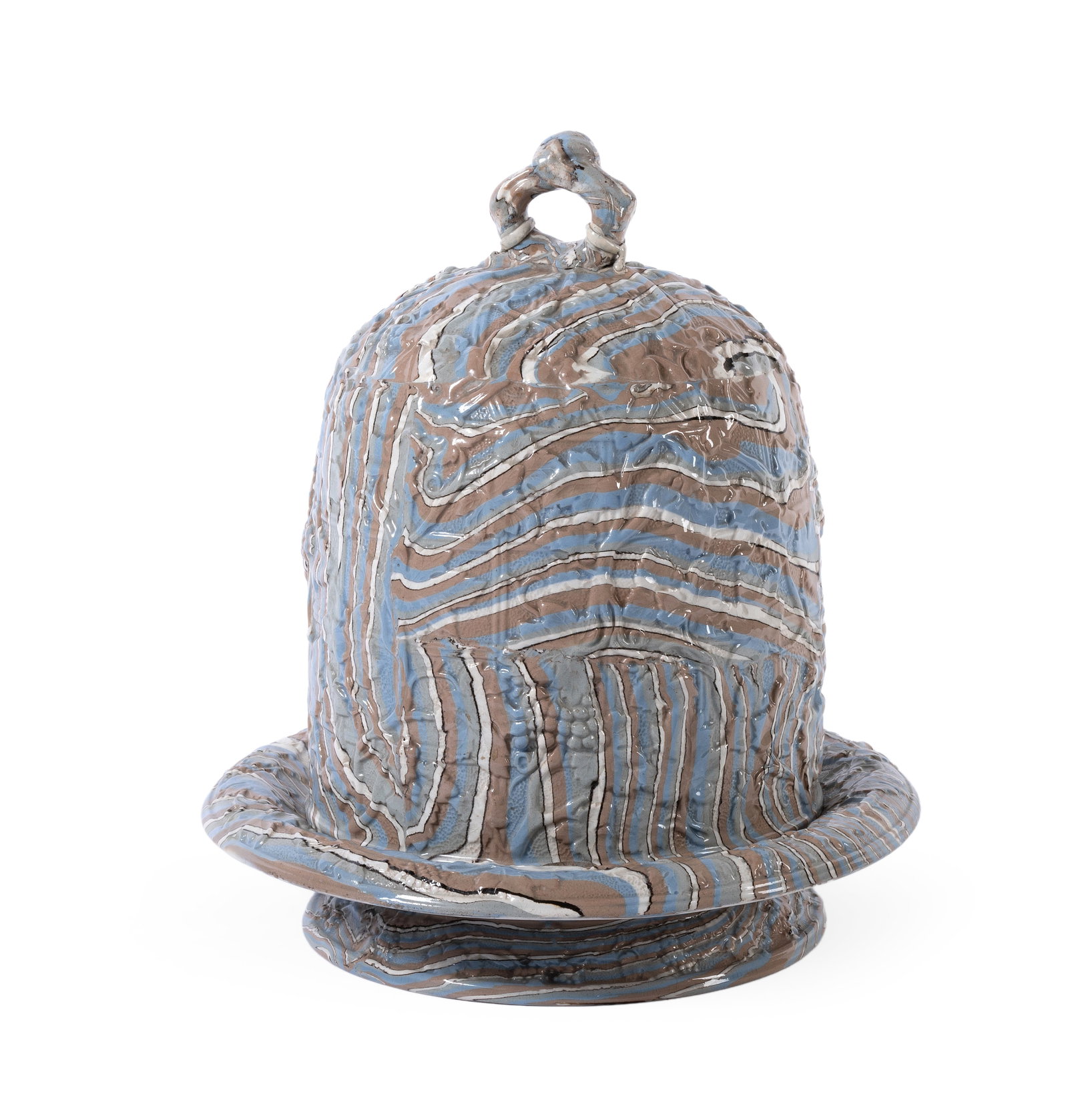 AN ENGLISH POTTERY AGATEWARE CHEESE BELL AND STAND, LATE 19TH CENTURY: AN ENGLISH POTTERY AGATEWARE CHEESE BELL AND STAND LATE 19TH CENTURY Moulded in relief with fruiting vine 34cm high, 31cm diameter Condition Report: With wear, marks, knocks and scratches as per age,