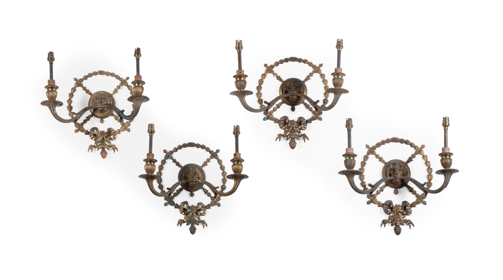 A SET OF FOUR REGENCY GILT BRONZE WALL LIGHTS, EARLY 19TH CENTURY: A SET OF FOUR REGENCY GILT BRONZE WALL LIGHTS EARLY 19TH CENTURY 35cm high, 32cm wide Provenance: Lyon & Turnbull, Five Centuries